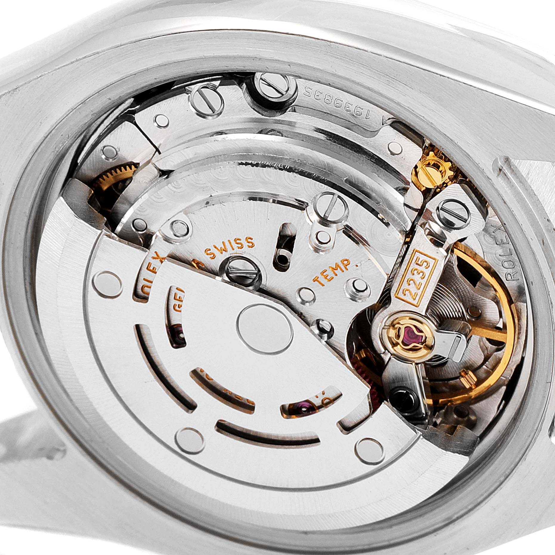 The image shows a close-up view of the movement mechanism of a Rolex Datejust 179174 Women's Stainless Steel Black Dial 179174 Women's Stainless Steel Black Dial watch, focusing on the intricate details of the components.