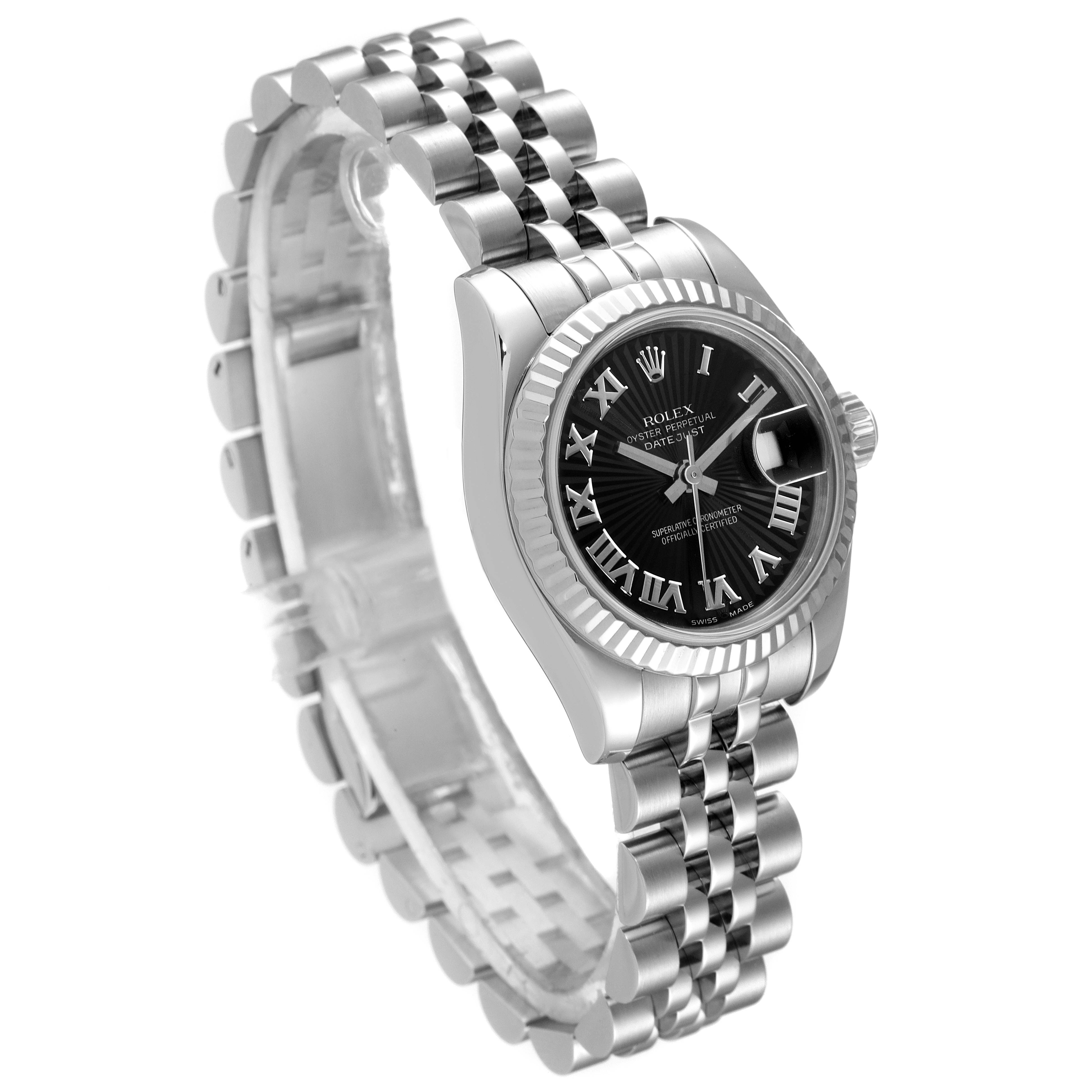 The Rolex Datejust 179174 Women's Stainless Steel Black Dial 179174 Women's Stainless Steel Black Dial watch is shown at a slight angle displaying its face, bezel, crown, and bracelet.