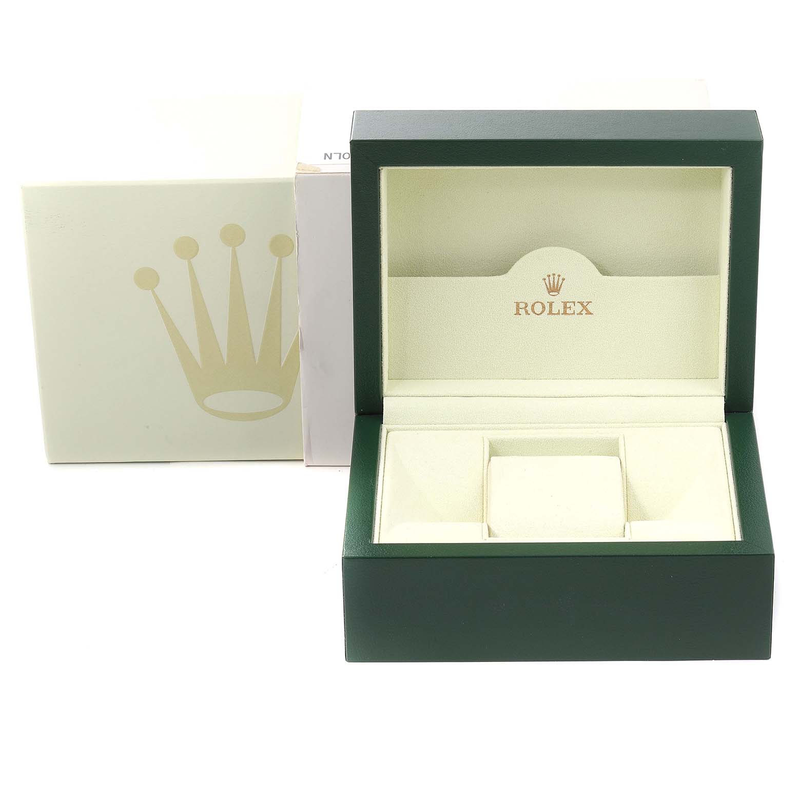 This image shows the open box and outer packaging for a Rolex Datejust 179174 Women's Stainless Steel Black Dial 179174 Women's Stainless Steel Black Dial watch.