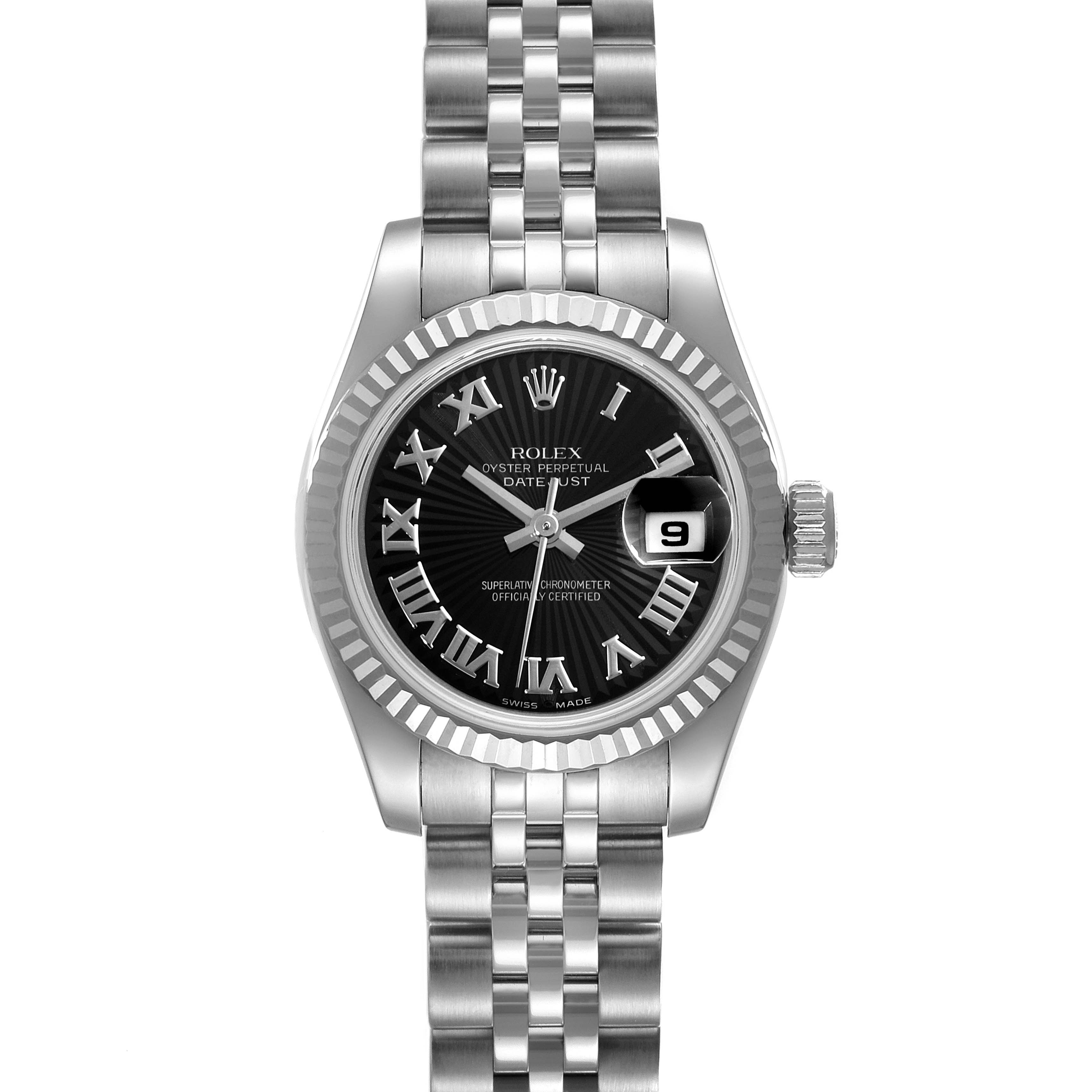 This image shows a front view of a Rolex Datejust 179174 Women's Stainless Steel Black Dial 179174 Women's Stainless Steel Black Dial watch, displaying its dial, bezel, case, and bracelet.