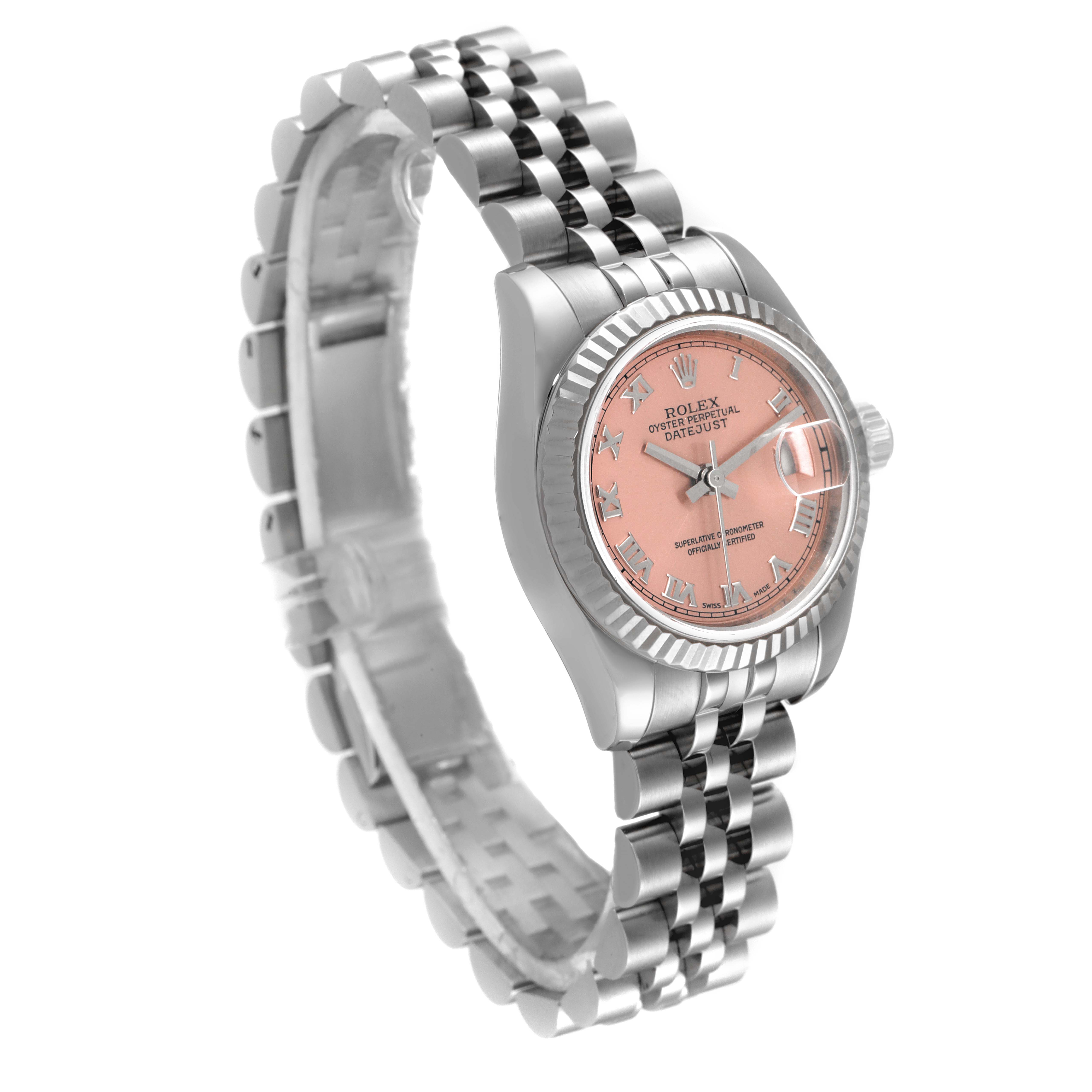 The image shows a side angle of a Rolex Datejust 179174 Women's Stainless Steel Pink Dial 179174 Women's Stainless Steel Pink Dial watch, highlighting its pink dial and stainless steel Jubilee bracelet.