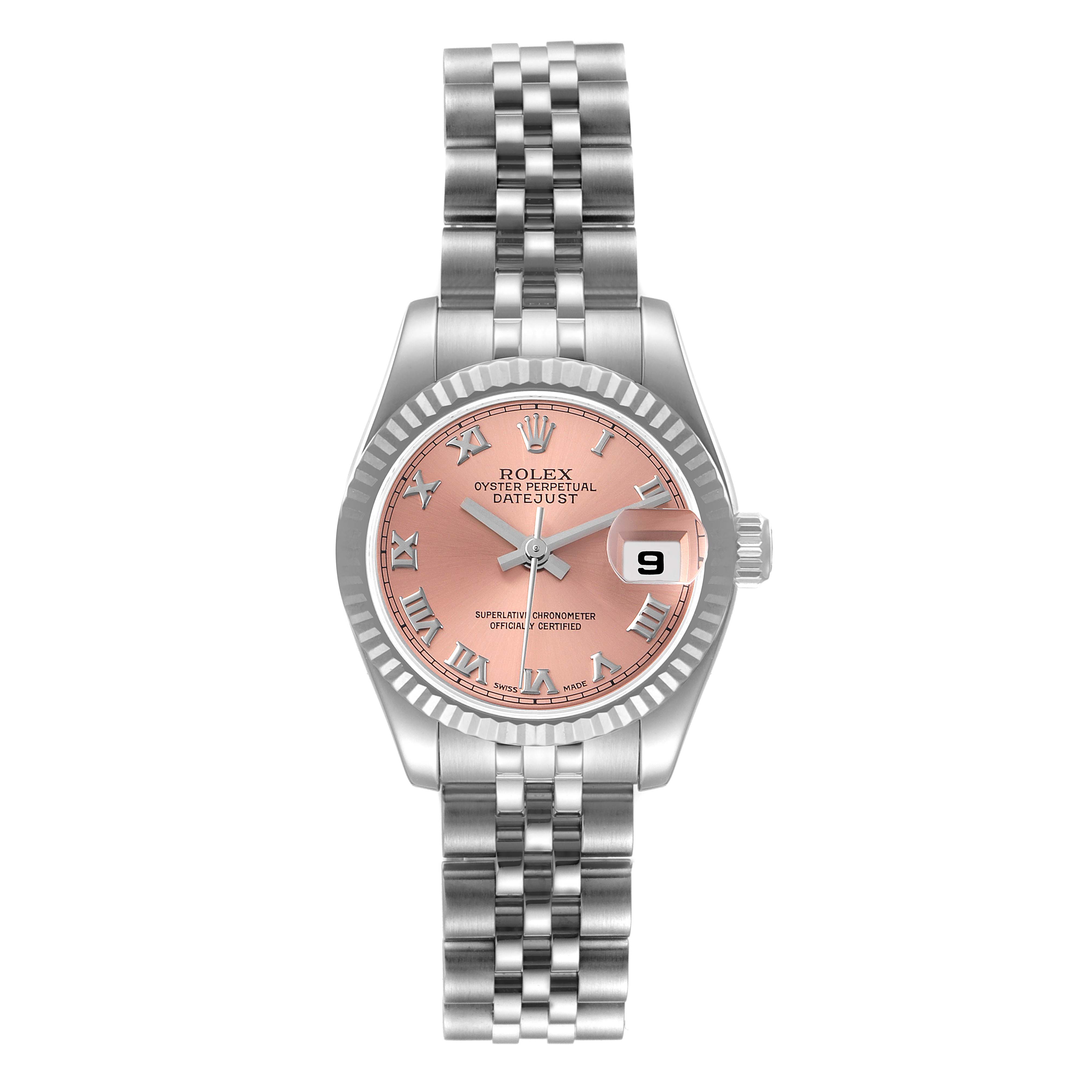 This image shows a front view of a Rolex Datejust 179174 Women's Stainless Steel Pink Dial 179174 Women's Stainless Steel Pink Dial watch, highlighting its pink dial, date display, and jubilee bracelet.