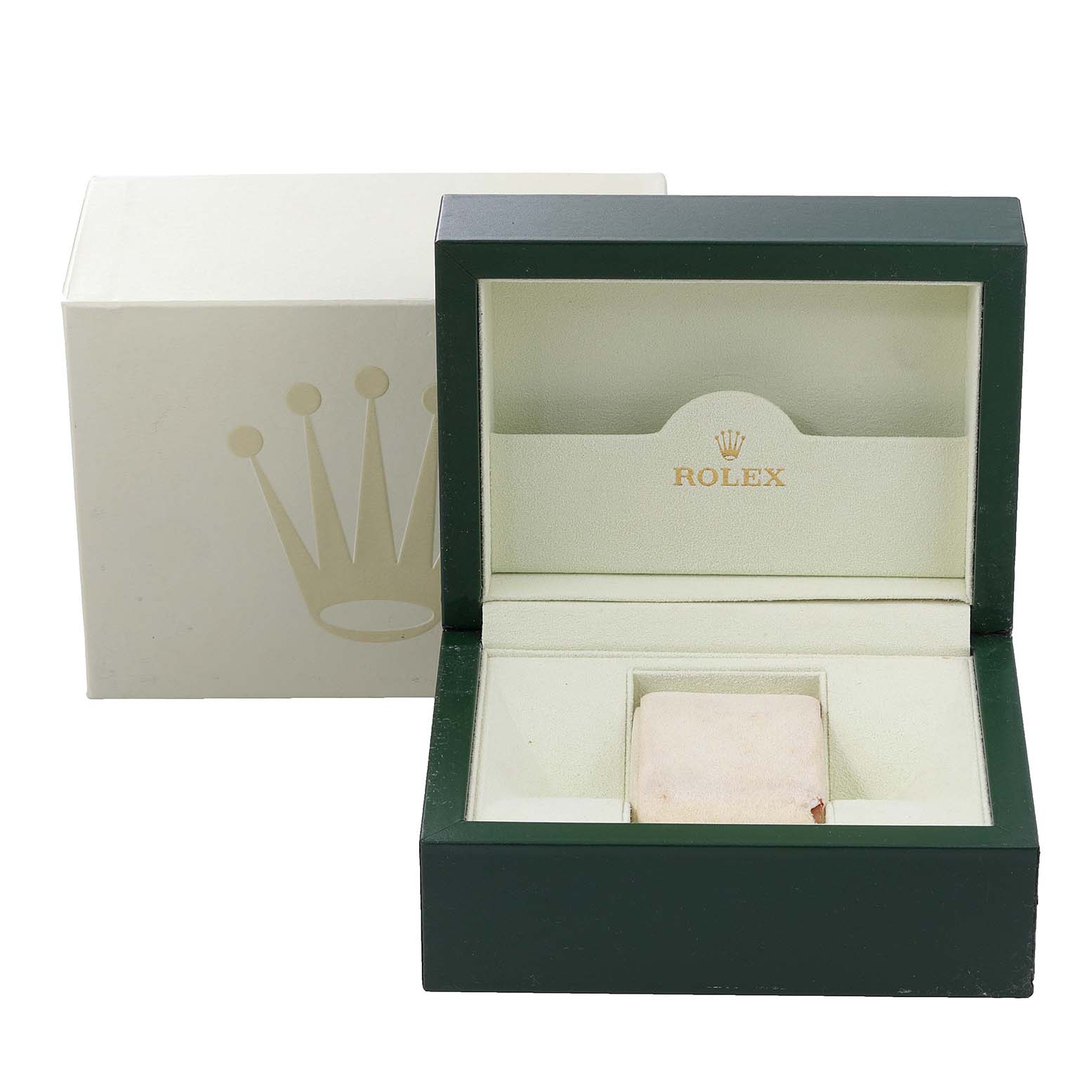 The image shows an open Rolex Datejust 179174 Women's Stainless Steel Pink Dial 179174 Women's Stainless Steel Pink Dial watch box and its outer packaging, viewed from the front.