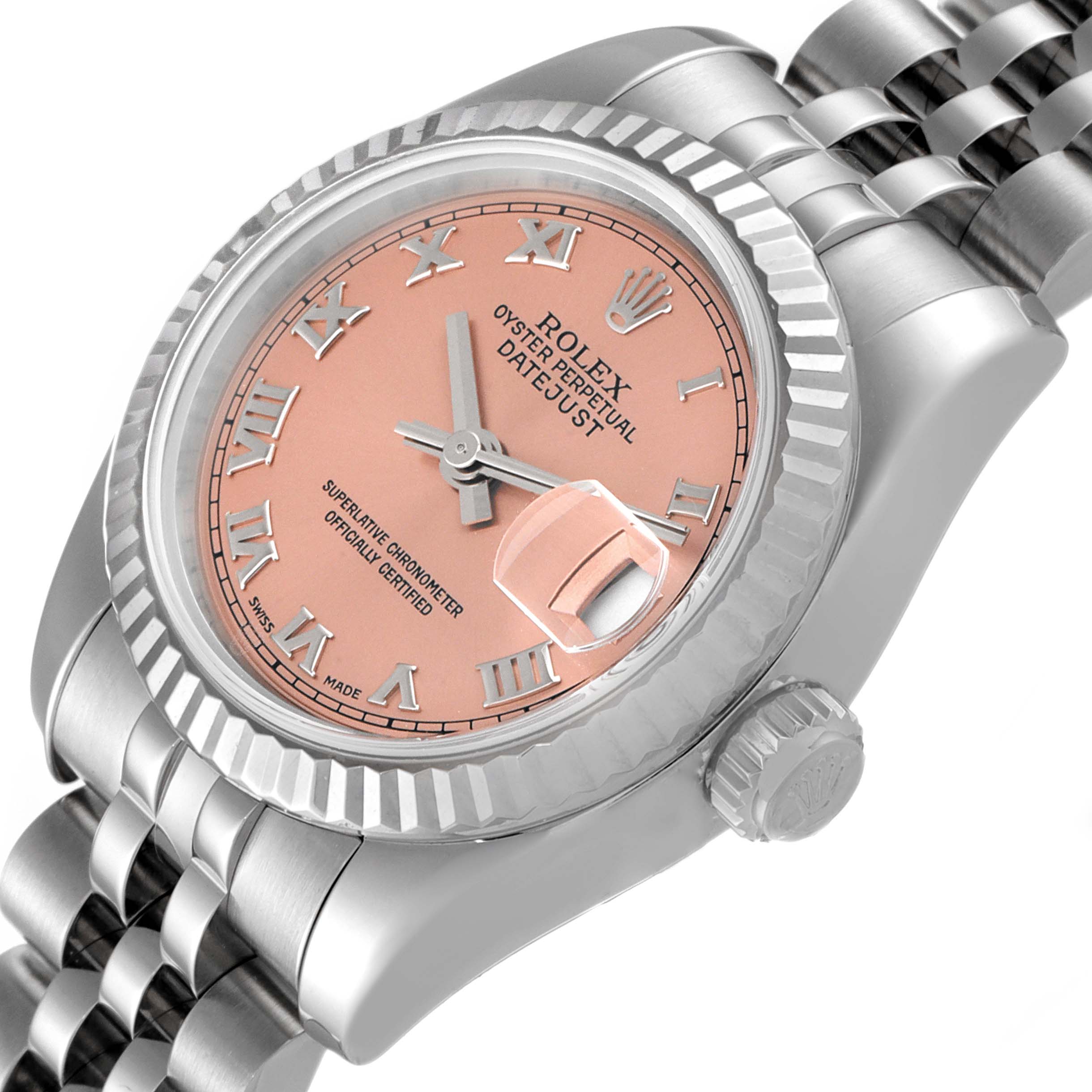 The image shows a close-up, front angled view of the Rolex Datejust 179174 Women's Stainless Steel Pink Dial 179174 Women's Stainless Steel Pink Dial watch, highlighting the dial, fluted bezel, and crown.