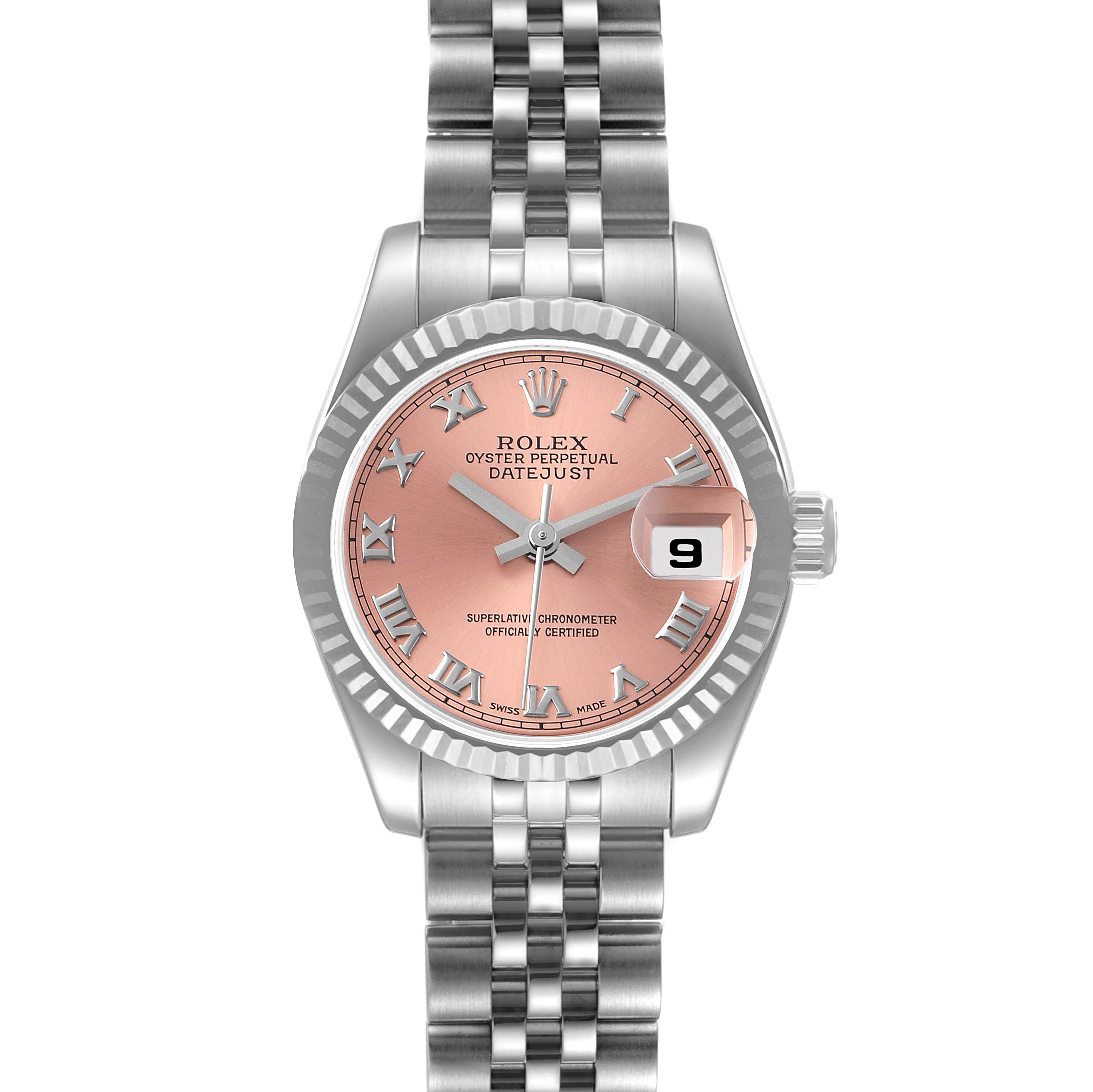 The Rolex Datejust 179174 Women's Stainless Steel Pink Dial 179174 Women's Stainless Steel Pink Dial watch is shown from a straight-on angle, displaying its pink dial, fluted bezel, Jubilee bracelet, and date window.