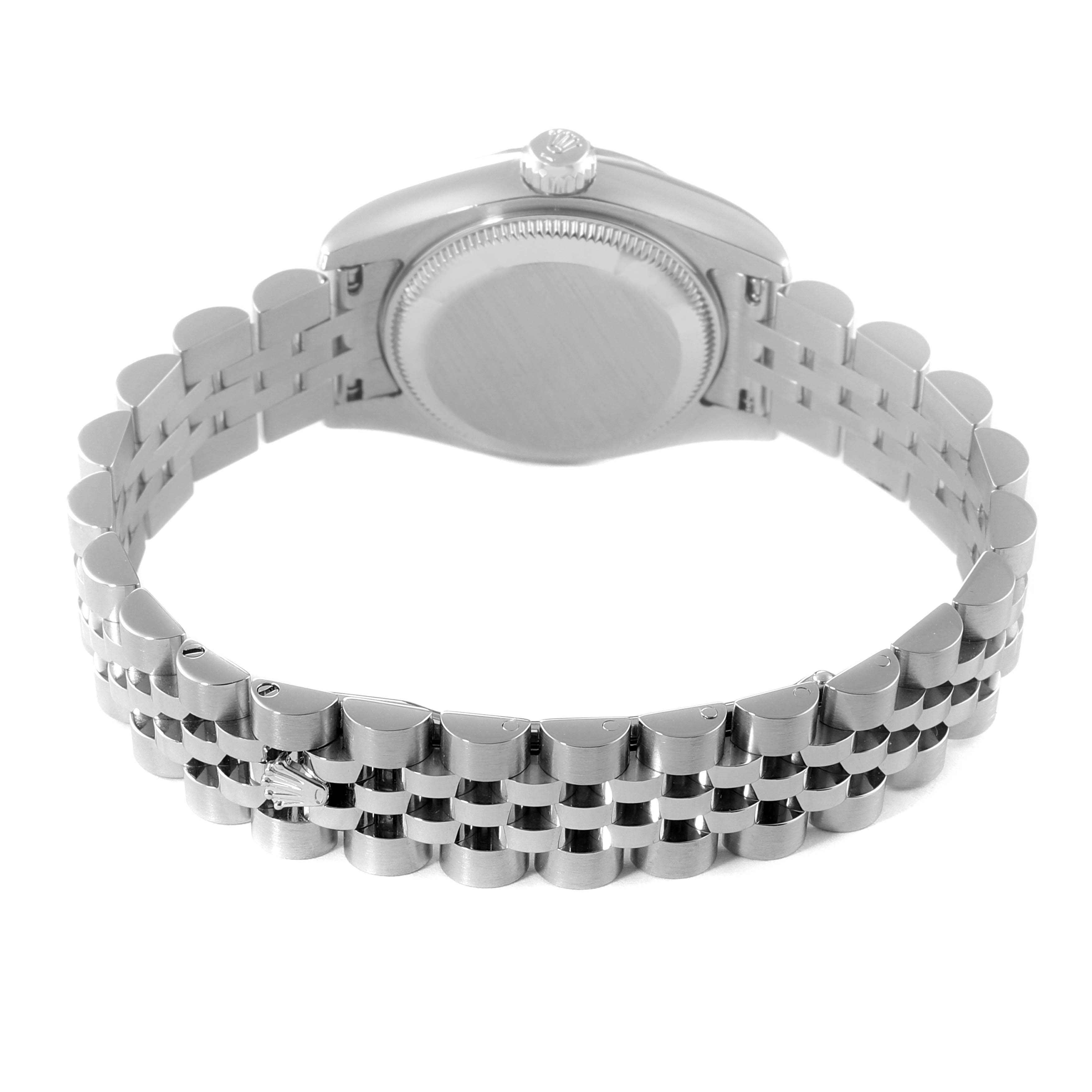 This image shows the back and bracelet of a Rolex Datejust 179174 Women's Stainless Steel Pink Dial 179174 Women's Stainless Steel Pink Dial watch, displaying its metal links and the case back.