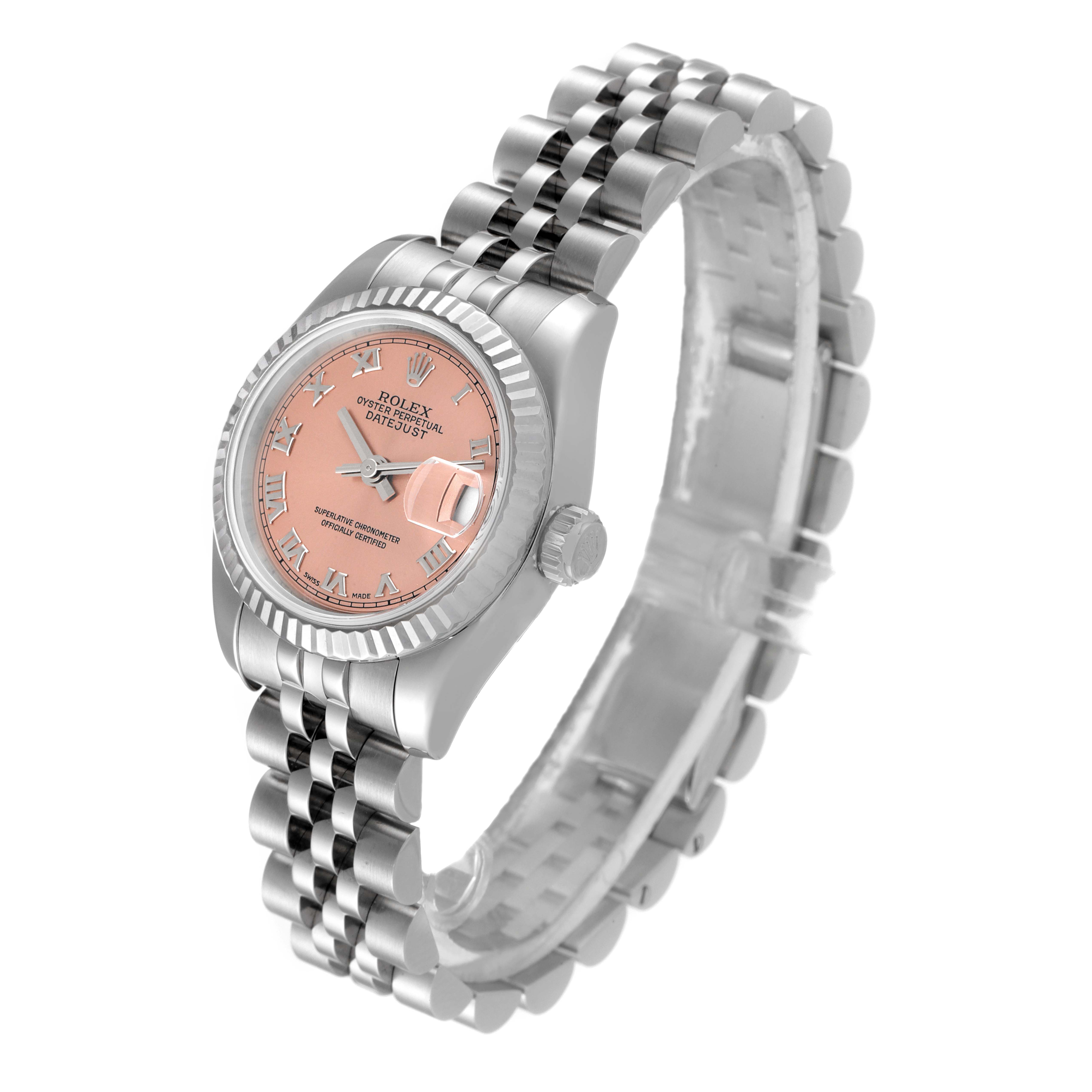 This image shows a Rolex Datejust 179174 Women's Stainless Steel Pink Dial 179174 Women's Stainless Steel Pink Dial watch at a three-quarter angle, highlighting the face, dial, bezel, crown, case, and bracelet.