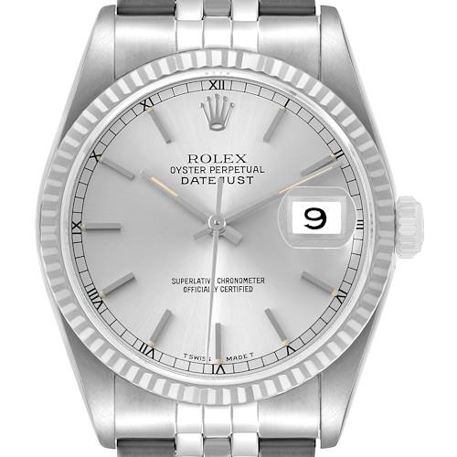 The Rolex Datejust 16234 Men's Steel and Gold (two tone) Silver Dial watch is shown from the front, highlighting the dial, fluted bezel, and bracelet.