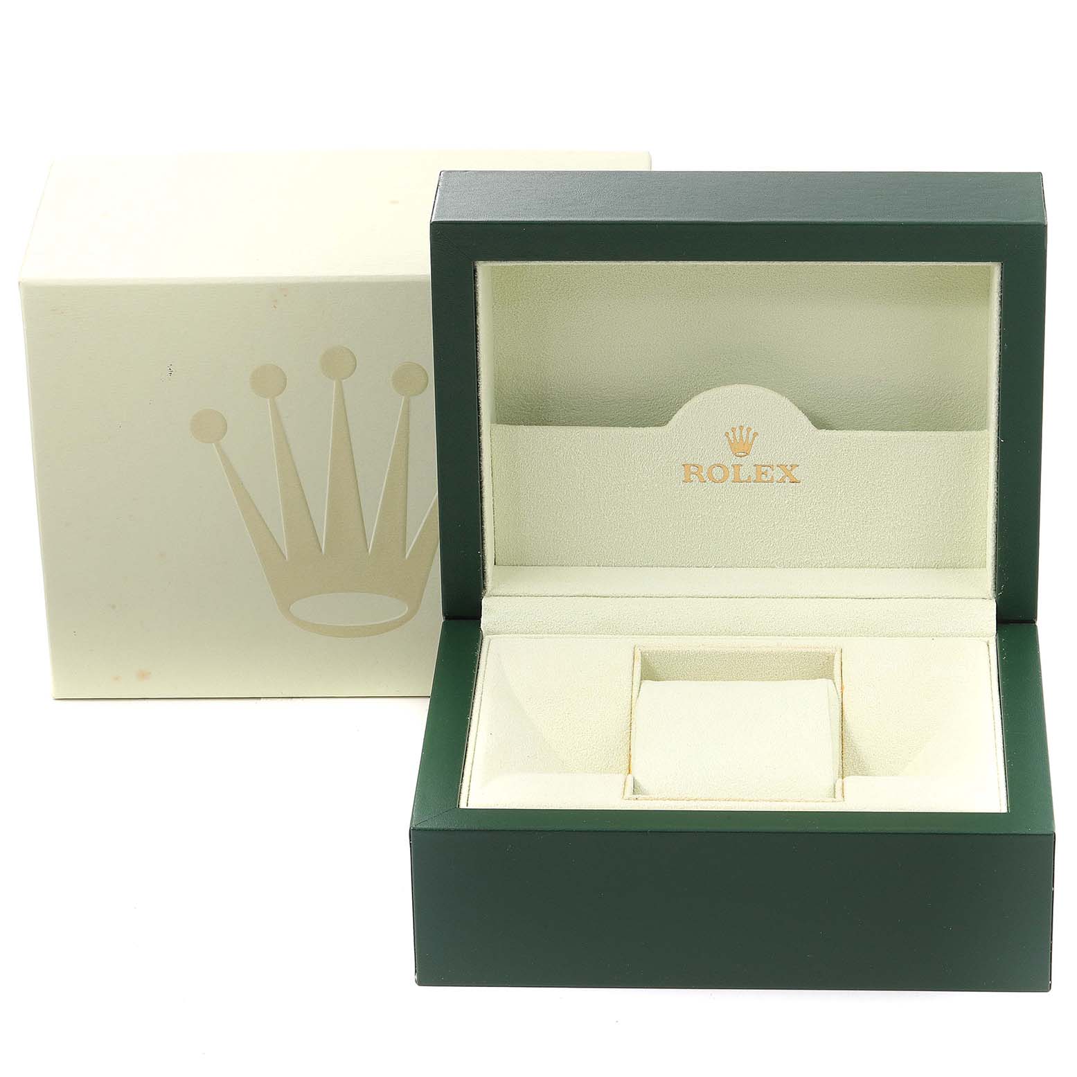 The image shows an open Rolex Datejust 179174 Women
s Stainless Steel Silver Dial 179174 Women
s Stainless Steel Silver Dial watch box with its outer box at an angled view.