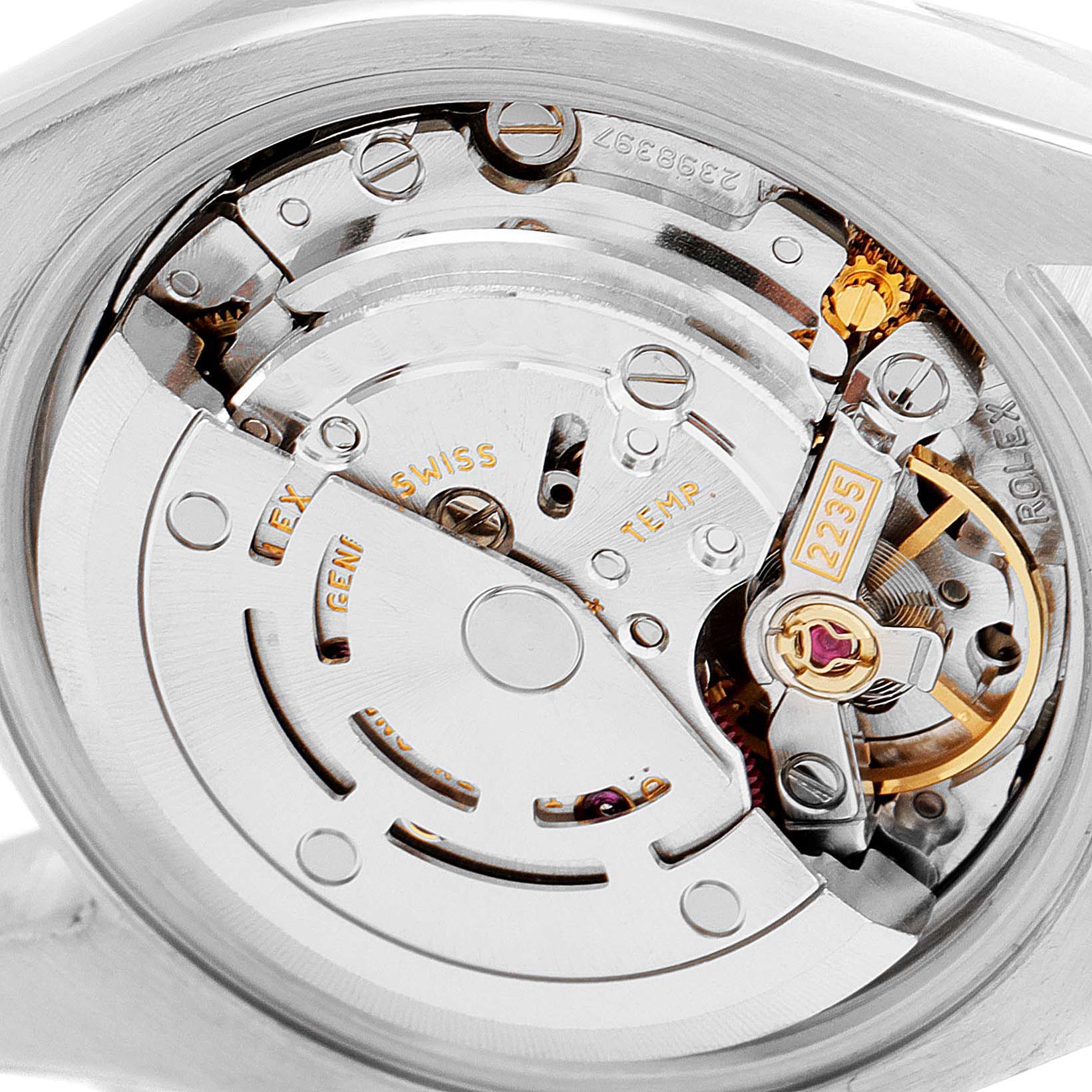 The image shows the internal mechanism of a Rolex Datejust 179174 Women
s Stainless Steel Silver Dial 179174 Women
s Stainless Steel Silver Dial watch, focusing on the movement and intricate components.