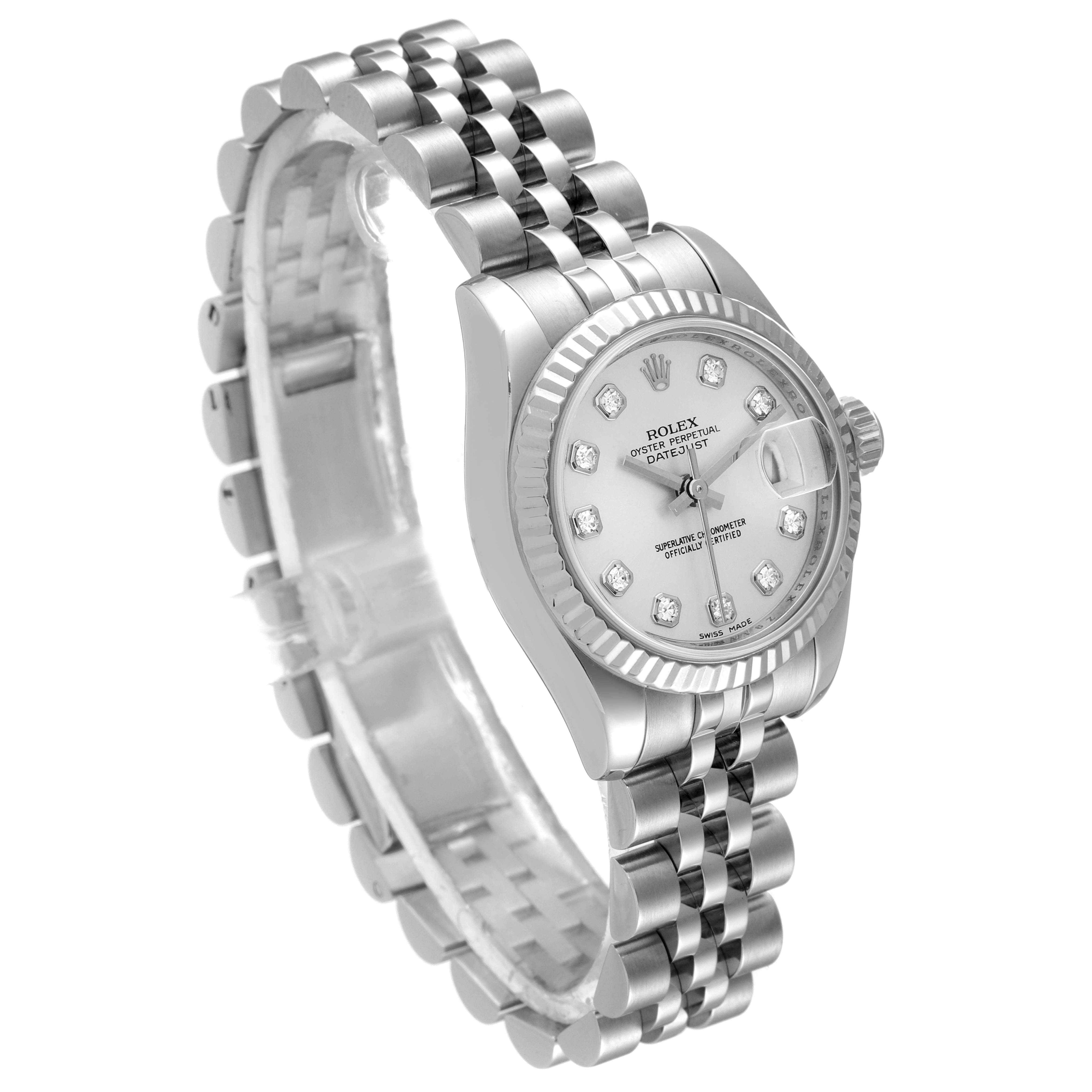 The image shows a Rolex Datejust 179174 Women
s Stainless Steel Silver Dial 179174 Women
s Stainless Steel Silver Dial watch angled from the front-left, highlighting the dial, bezel, crown, and bracelet.