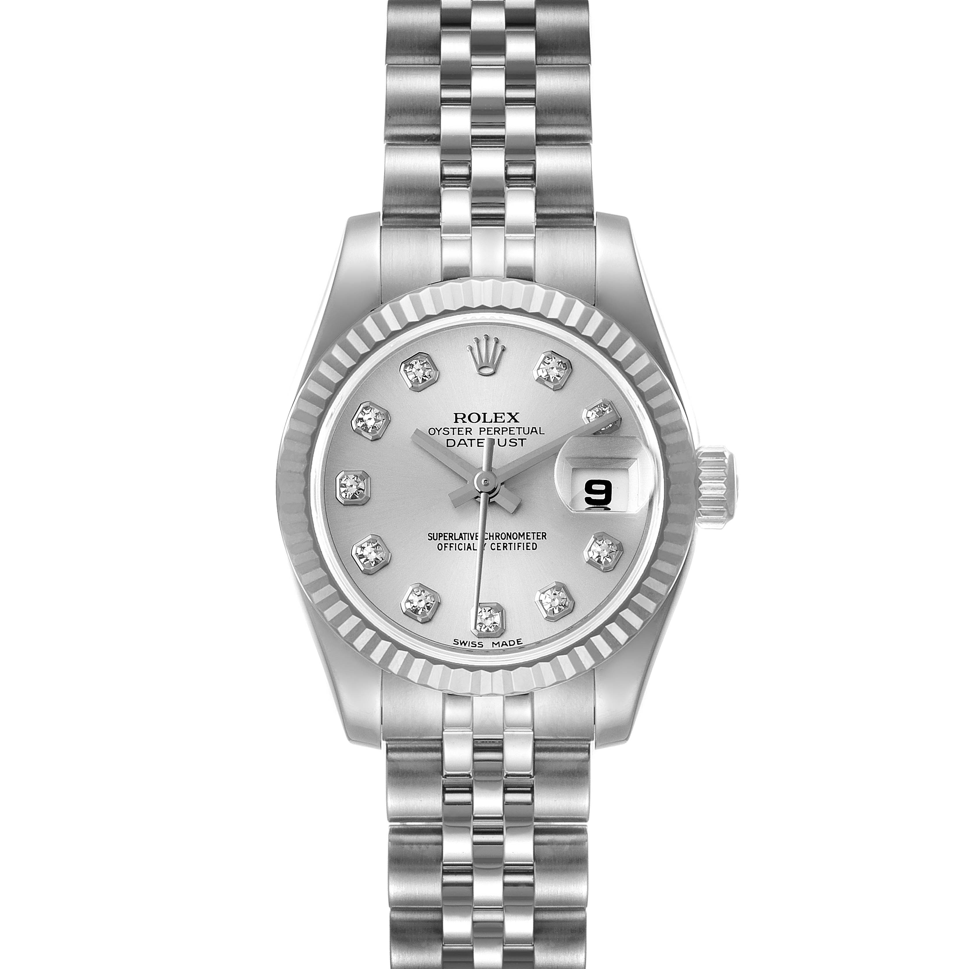 The image shows the face and full bracelet of the Rolex Datejust 179174 Women
s Stainless Steel Silver Dial 179174 Women
s Stainless Steel Silver Dial watch from a front angle.