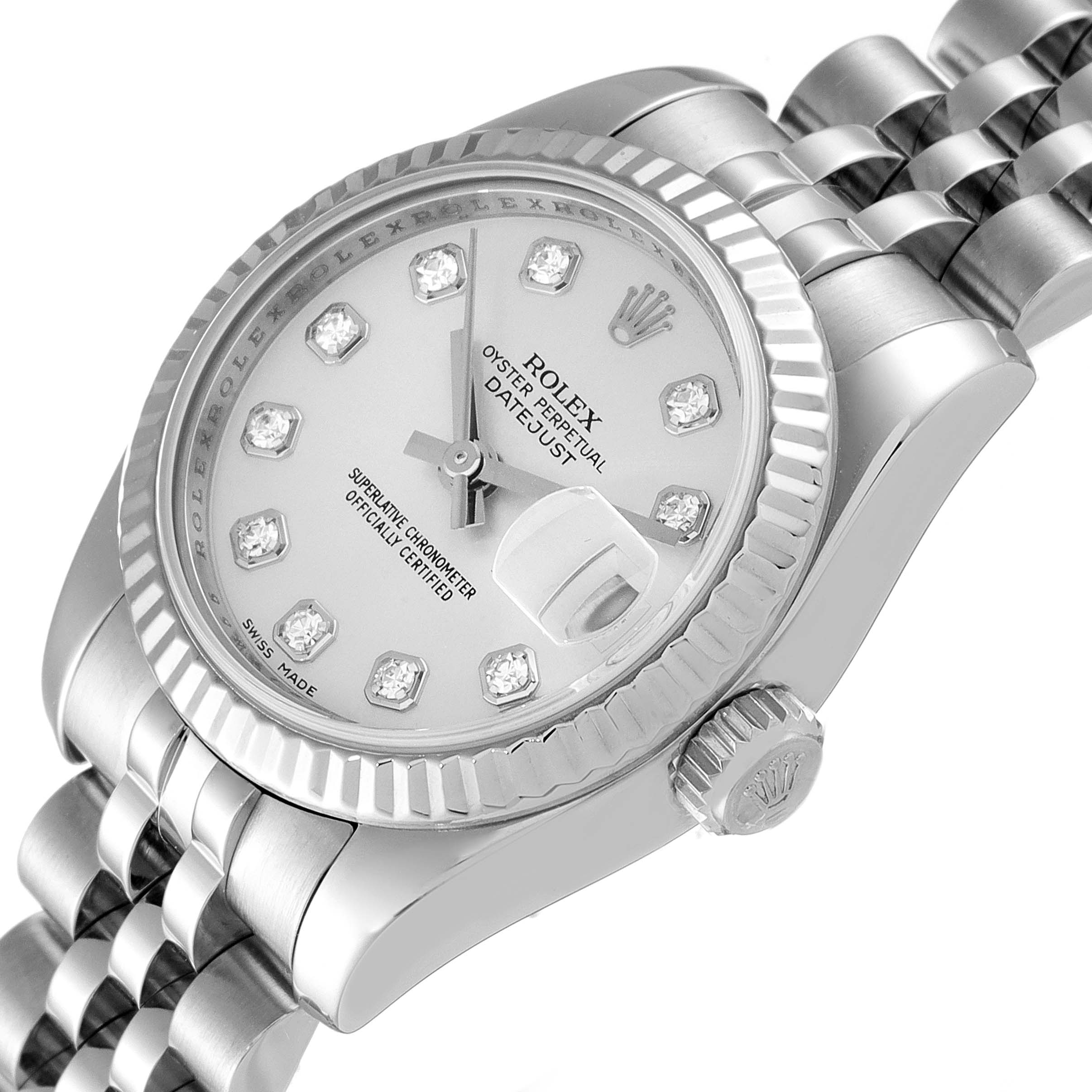 The image shows a close-up angle of the Rolex Datejust 179174 Women
s Stainless Steel Silver Dial 179174 Women
s Stainless Steel Silver Dial watch featuring its face, bezel, crown, and bracelet.