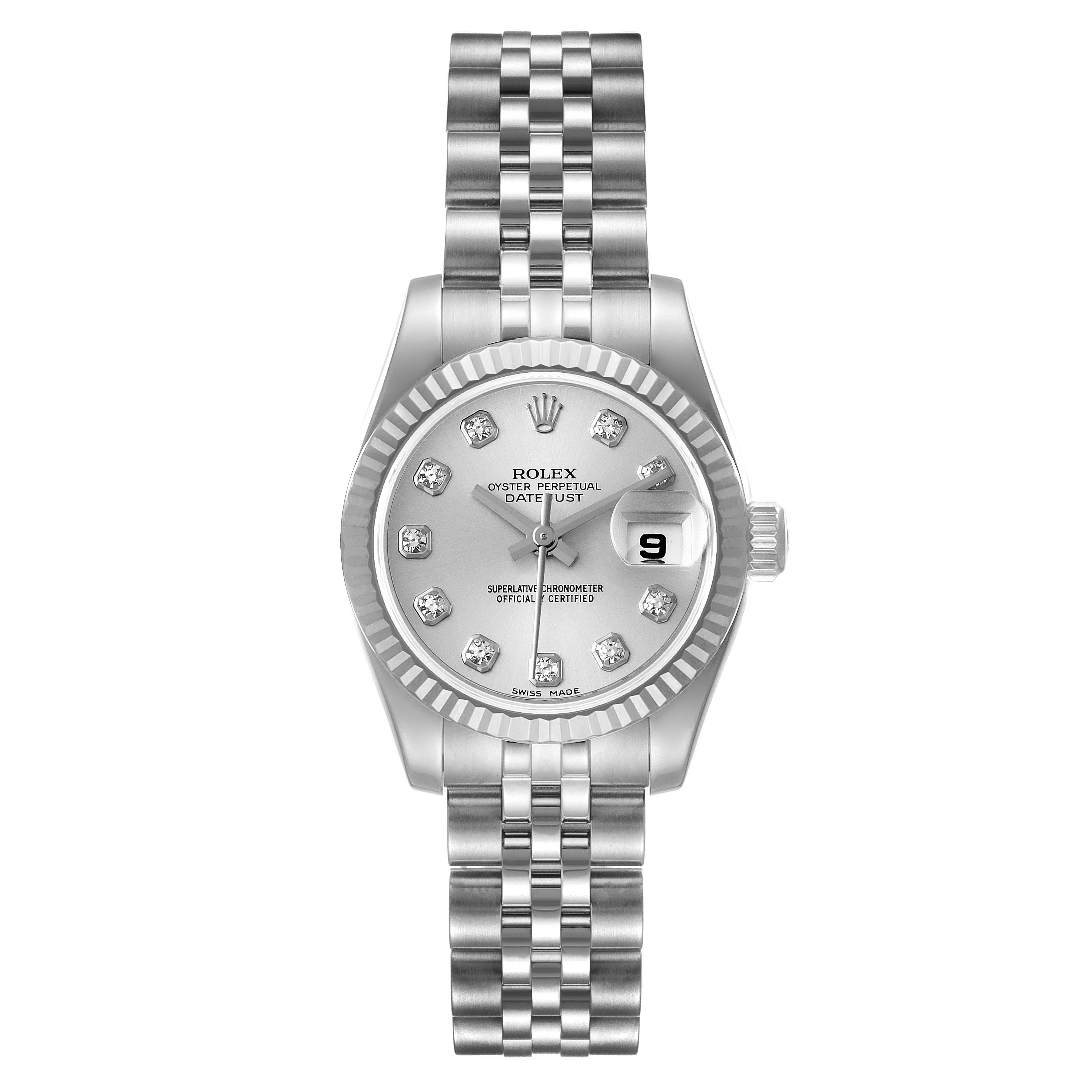 The image shows a front view of the Rolex Datejust 179174 Women
s Stainless Steel Silver Dial 179174 Women
s Stainless Steel Silver Dial watch, displaying the dial, bezel, bracelet, and crown.