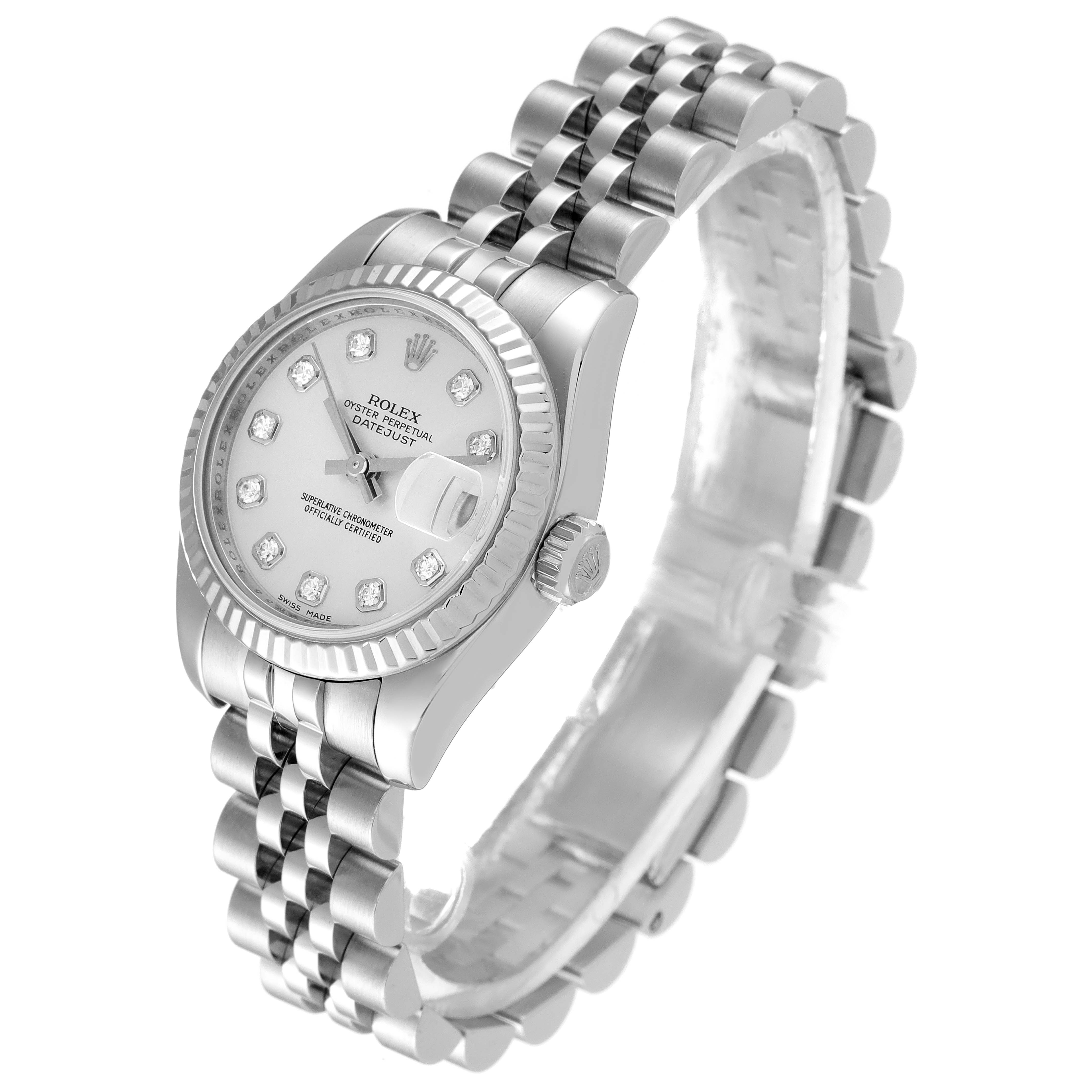 This image shows a close-up angled view of the Rolex Datejust 179174 Women
s Stainless Steel Silver Dial 179174 Women
s Stainless Steel Silver Dial watch, highlighting its dial, bezel, and Jubilee bracelet.