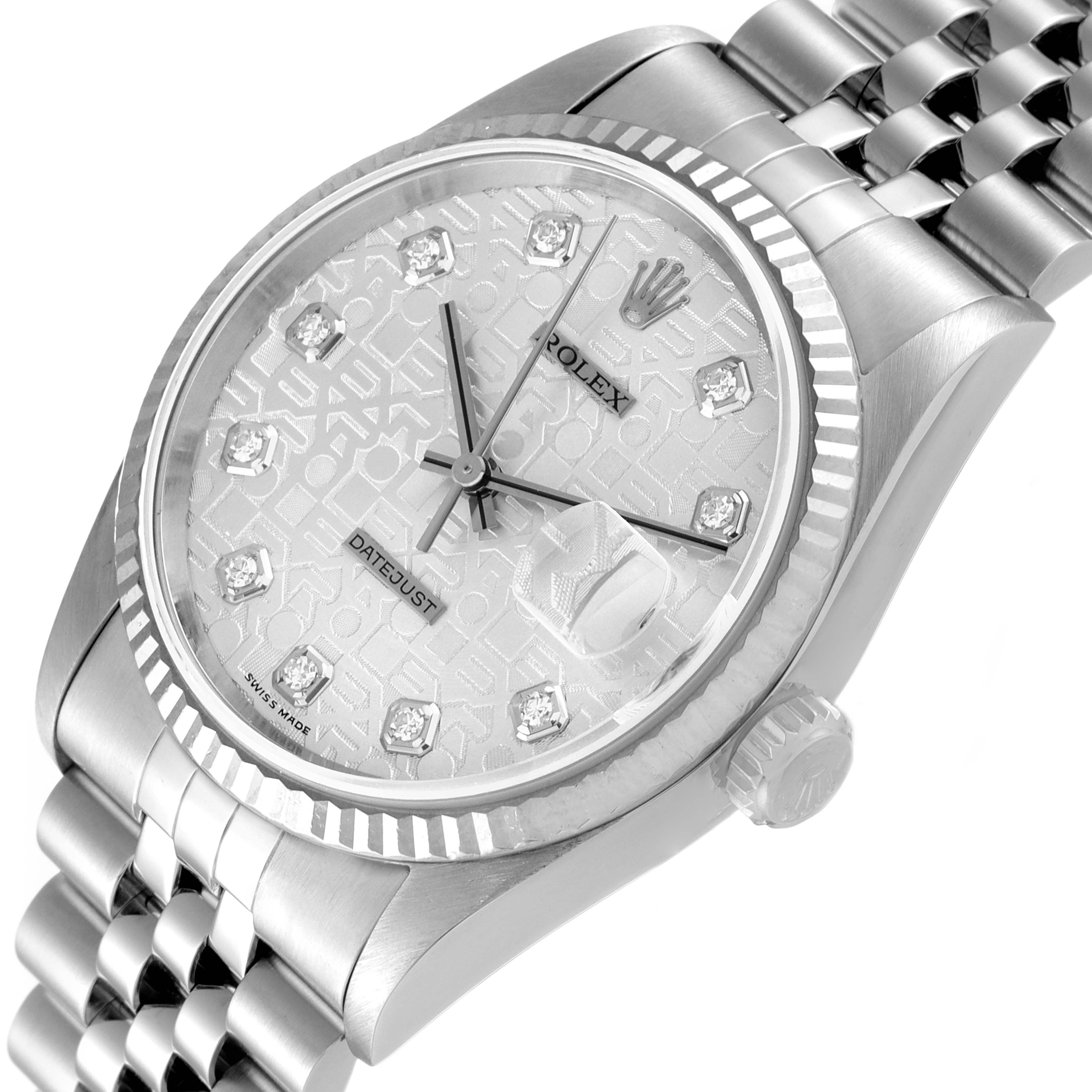 The Rolex Datejust 16234 Men's Stainless Steel Silver Dial 16234 Men's Stainless Steel Silver Dial watch is shown at a slight angle, displaying its face, bezel, and part of the bracelet.