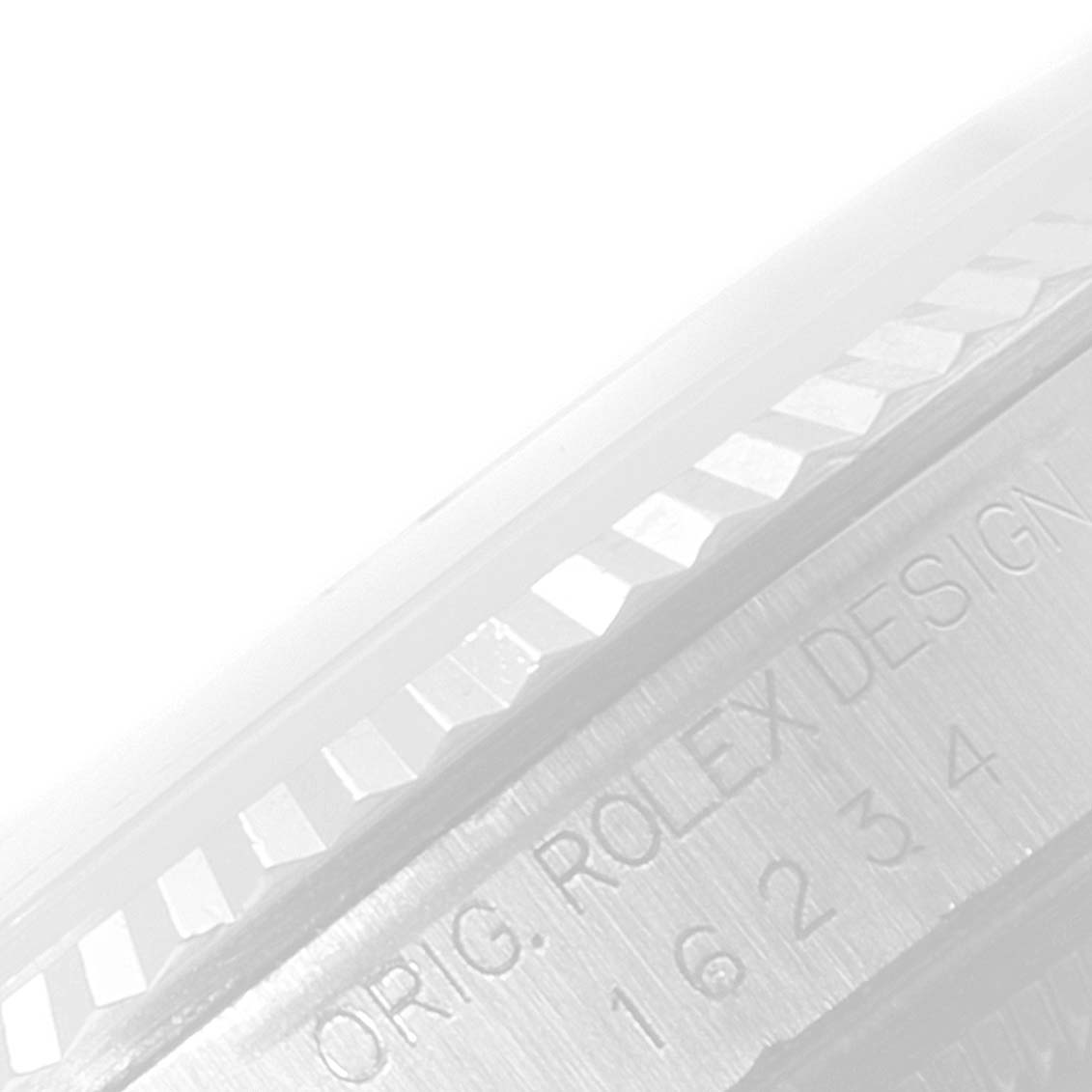 The image shows a close-up of the case side and fluted bezel of the Rolex Datejust 16234 Men's Stainless Steel Silver Dial 16234 Men's Stainless Steel Silver Dial model.