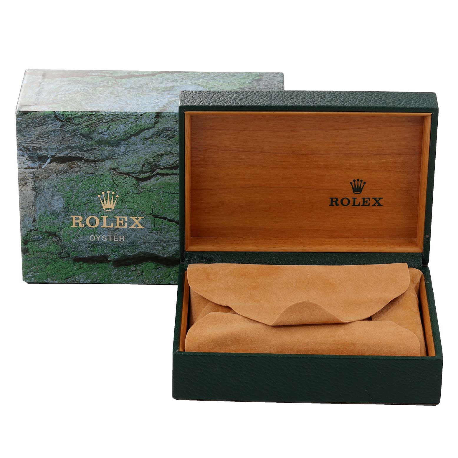 The image shows the open box and outer packaging of a Rolex Datejust 16234 Men's Stainless Steel Silver Dial 16234 Men's Stainless Steel Silver Dial watch, viewed from the front.