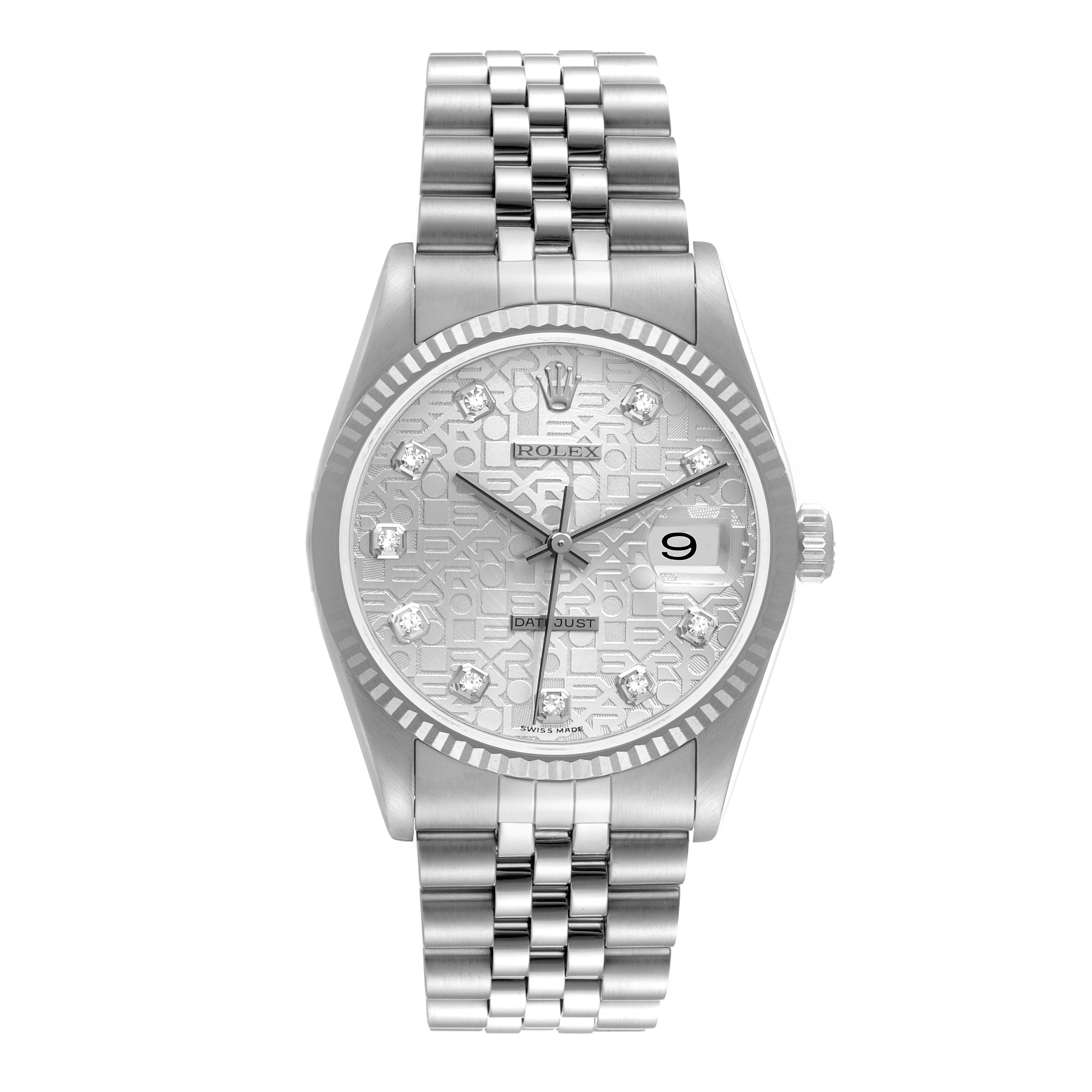 The image shows a Rolex Datejust 16234 Men's Stainless Steel Silver Dial 16234 Men's Stainless Steel Silver Dial watch viewed from the front, displaying the dial, bezel, and bracelet.