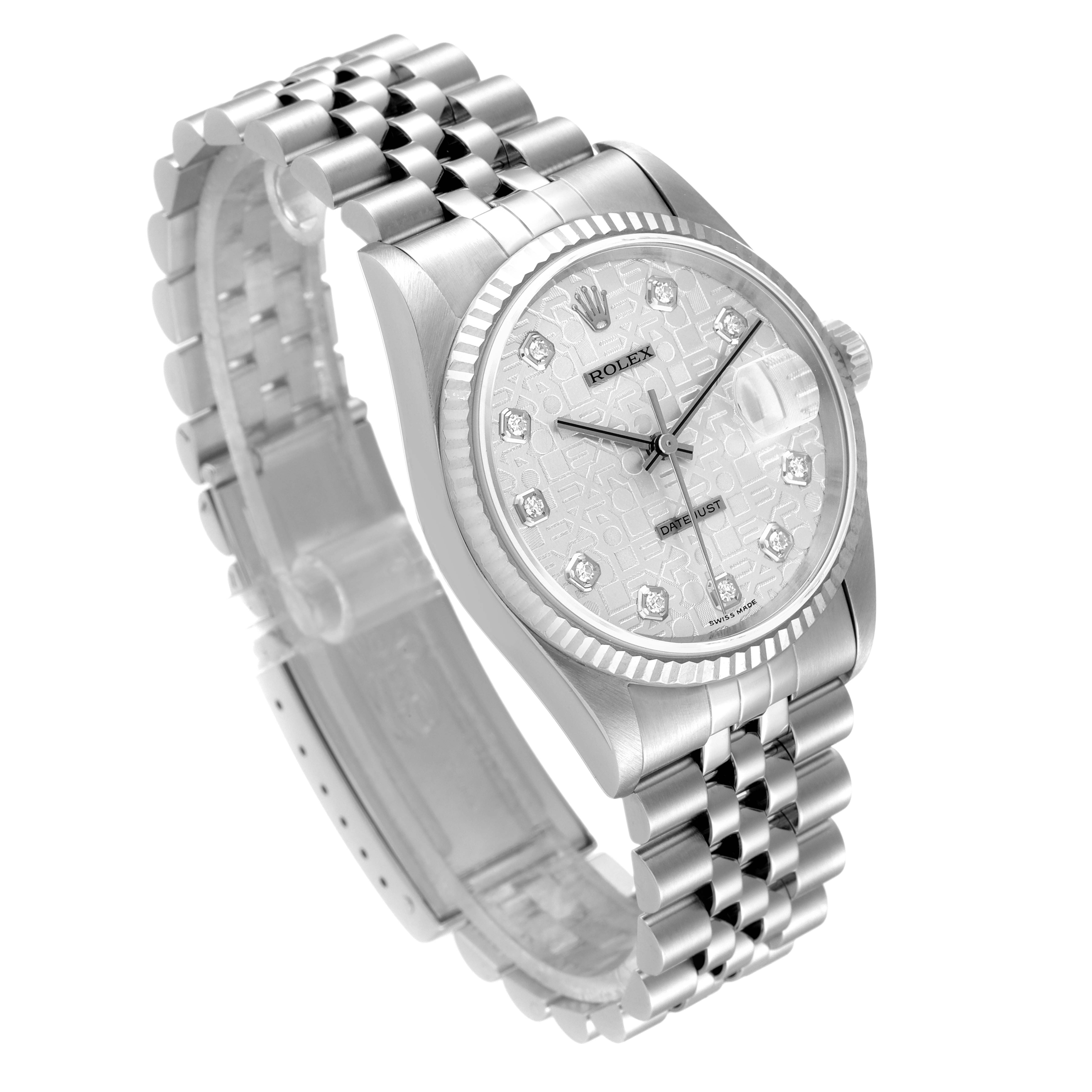 This image shows a Rolex Datejust 16234 Men's Stainless Steel Silver Dial 16234 Men's Stainless Steel Silver Dial watch at an angled perspective highlighting the dial, bezel, and bracelet.