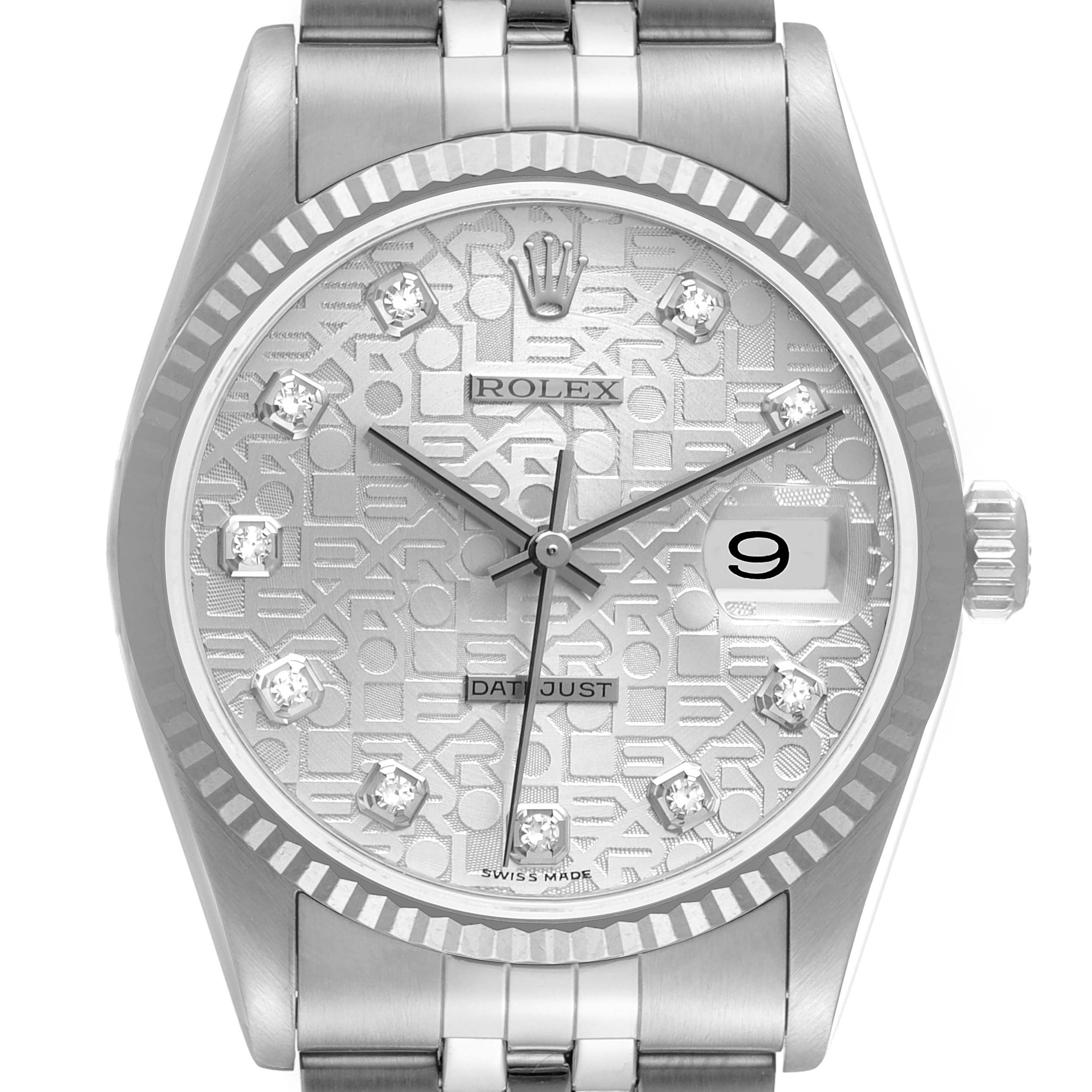 The image shows a front view of the Rolex Datejust 16234 Men's Stainless Steel Silver Dial 16234 Men's Stainless Steel Silver Dial watch featuring its dial, hands, date window, and part of its bracelet.