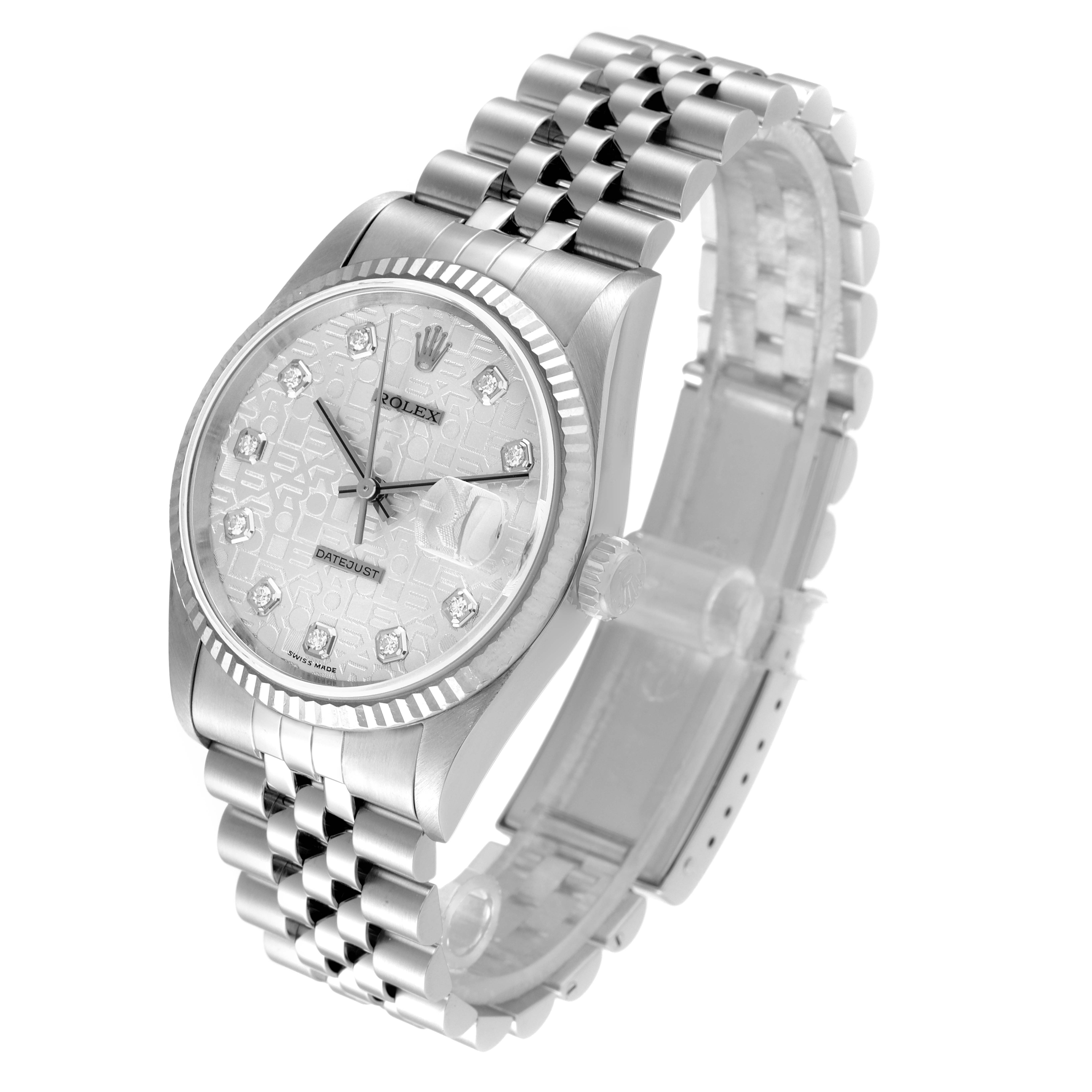 The image shows a Rolex Datejust 16234 Men's Stainless Steel Silver Dial 16234 Men's Stainless Steel Silver Dial watch from a three-quarter angle, displaying the face, bezel, and bracelet clearly.