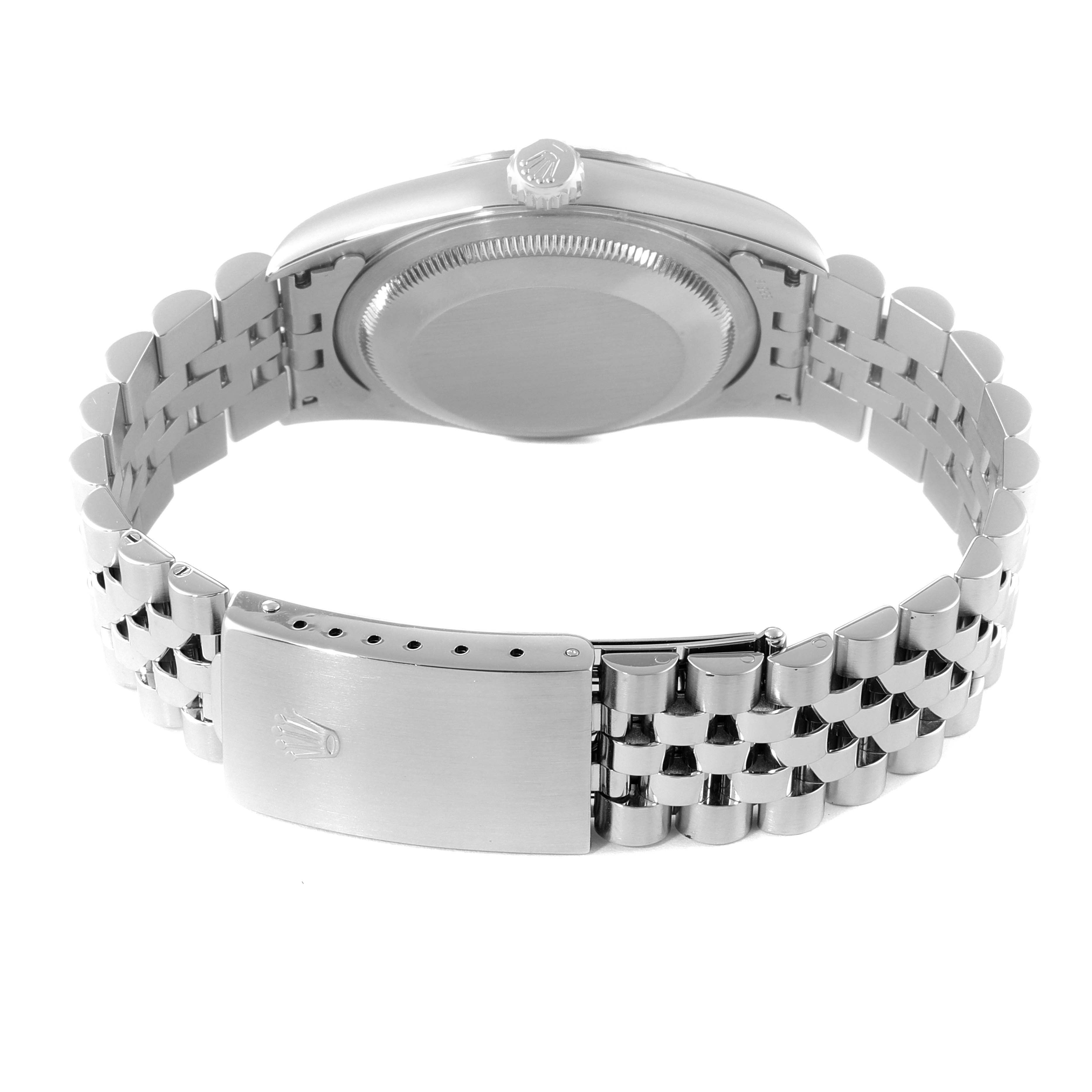 The image shows the Rolex Datejust 16234 Men's Stainless Steel Silver Dial 16234 Men's Stainless Steel Silver Dial watch’s back case and bracelet clasp from a rear angle.