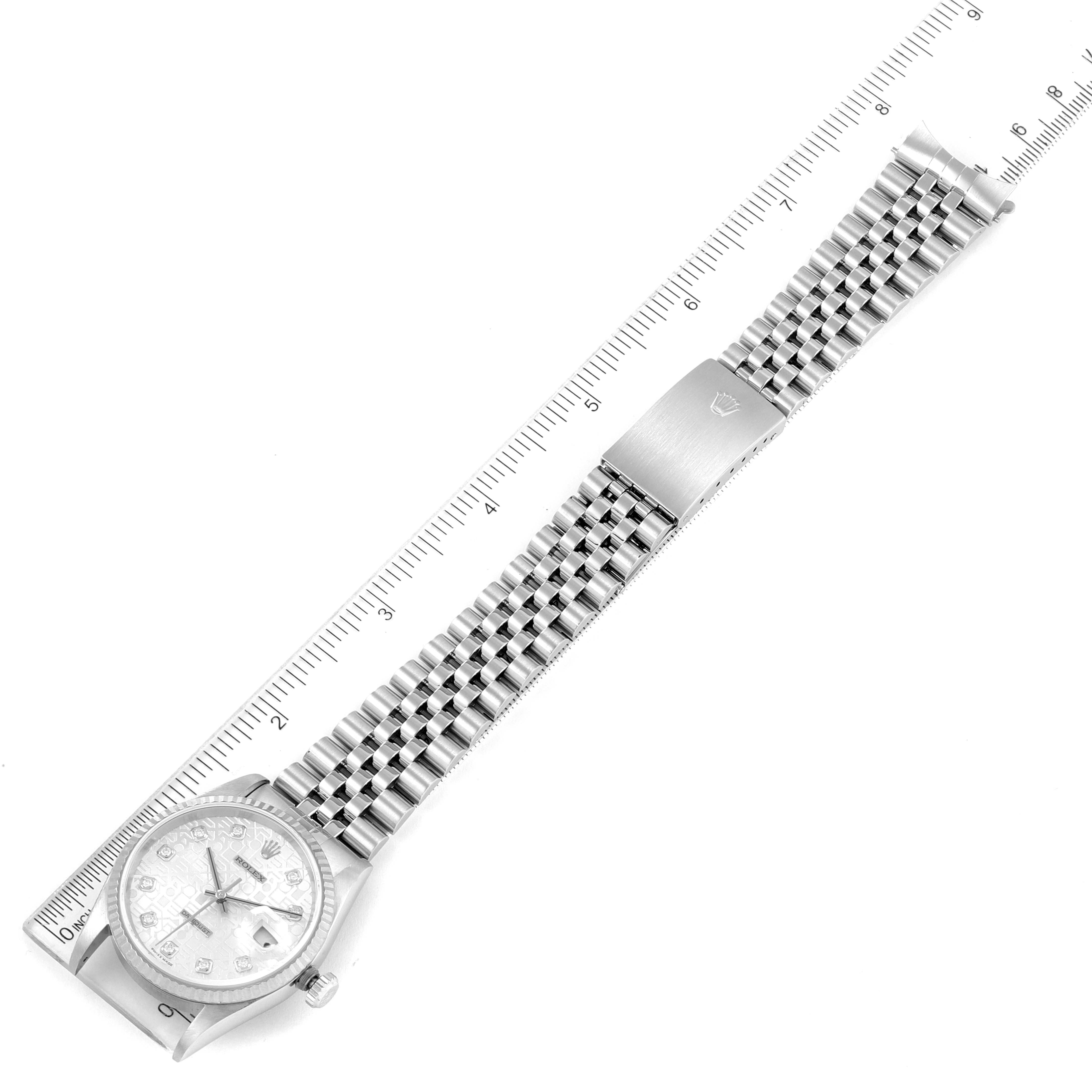 The Rolex Datejust 16234 Men's Stainless Steel Silver Dial 16234 Men's Stainless Steel Silver Dial watch is shown from a top-down angle, featuring the face, dial, bracelet, and clasp.