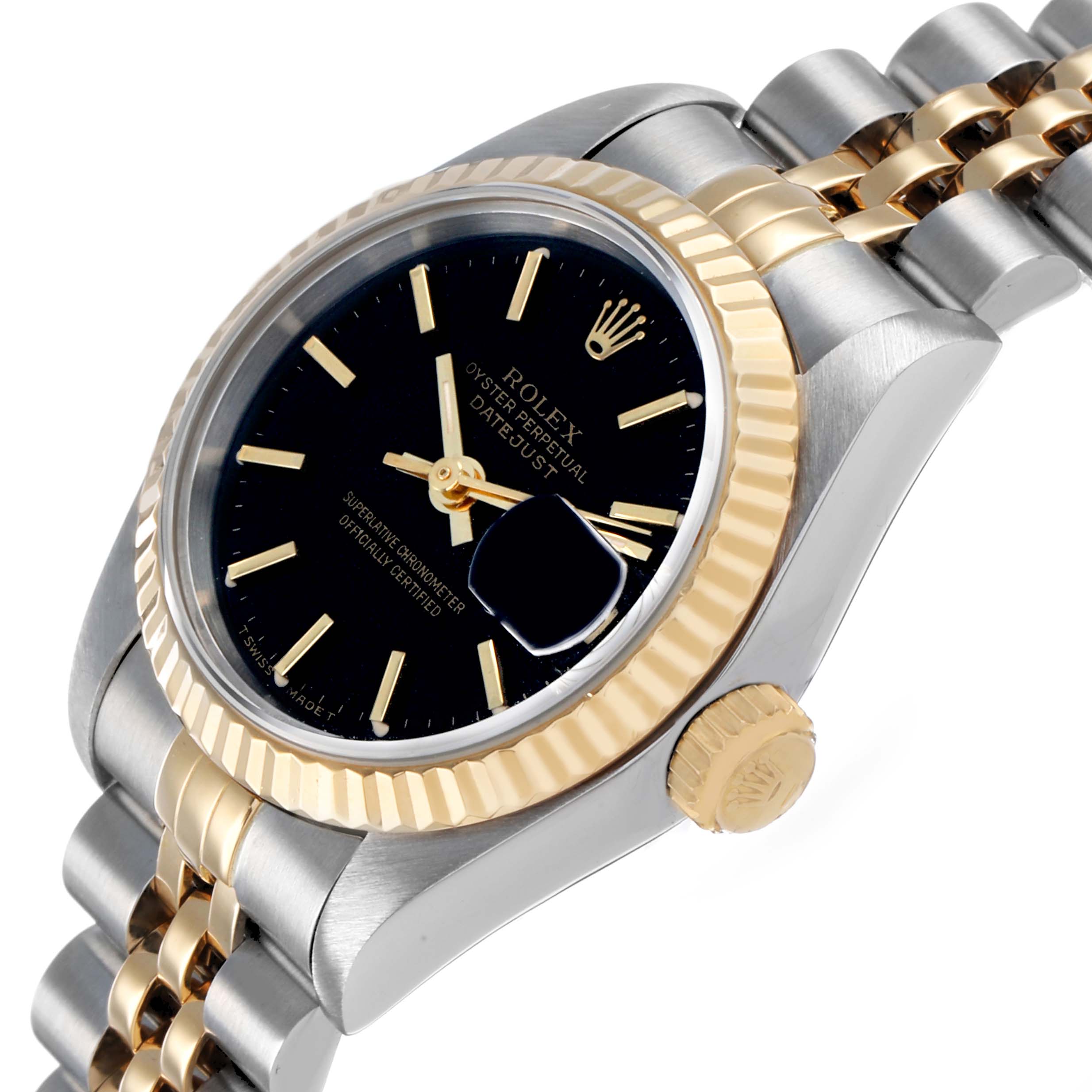 The Rolex Datejust 69173 Women's Steel and Gold (two tone) Black Dial watch is shown at a slight angle, highlighting the bezel, black dial, and Jubilee bracelet.