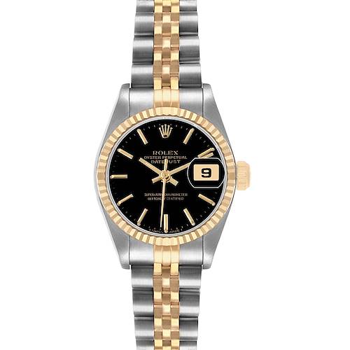 The Rolex Datejust 69173 Women's Steel and Gold (two tone) Black Dial watch is shown from the front, featuring the dial, bezel, and two-tone bracelet.