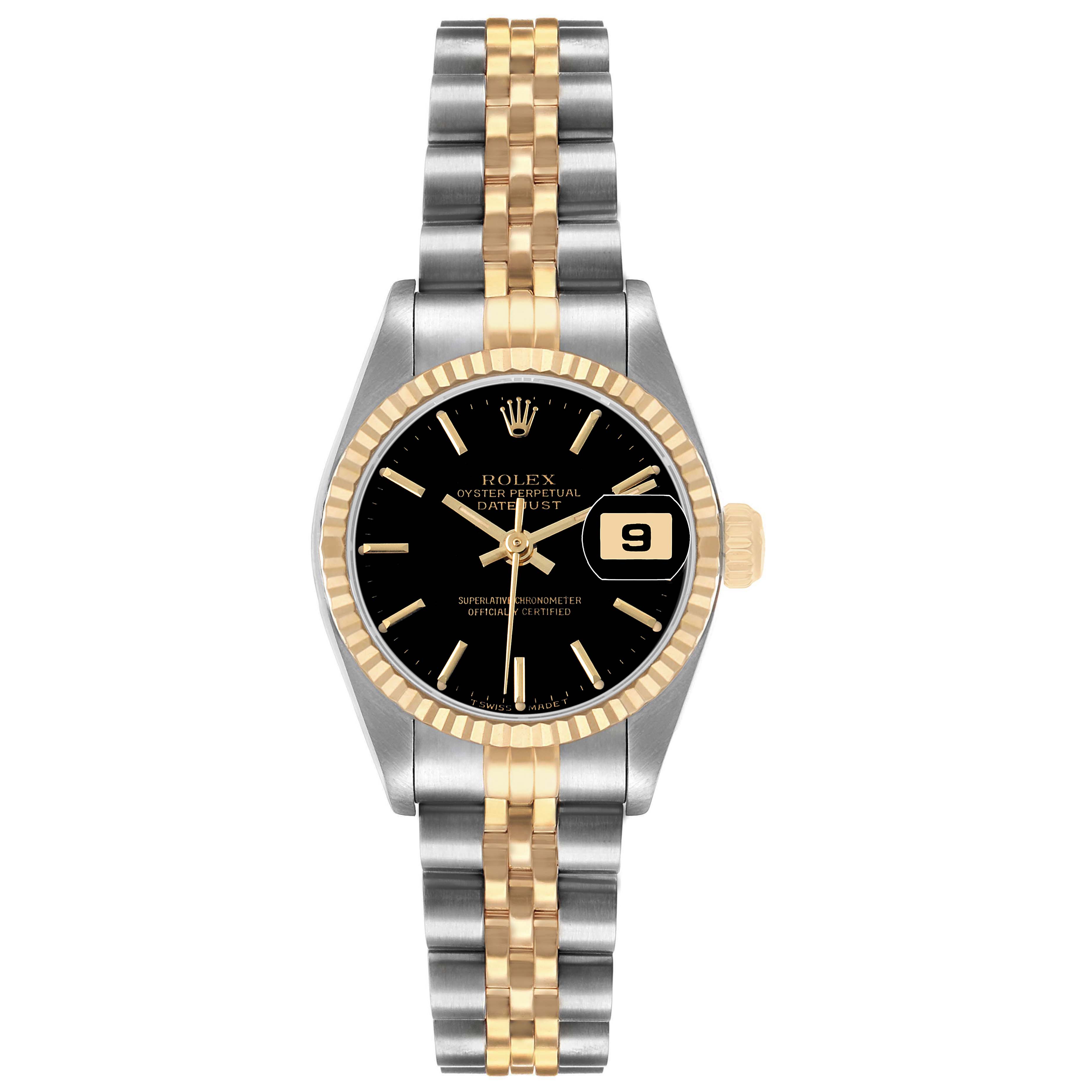 The Rolex Datejust 69173 Women's Steel and Gold (two tone) Black Dial is shown from a front view, highlighting the black dial, gold fluted bezel, and two-tone bracelet.