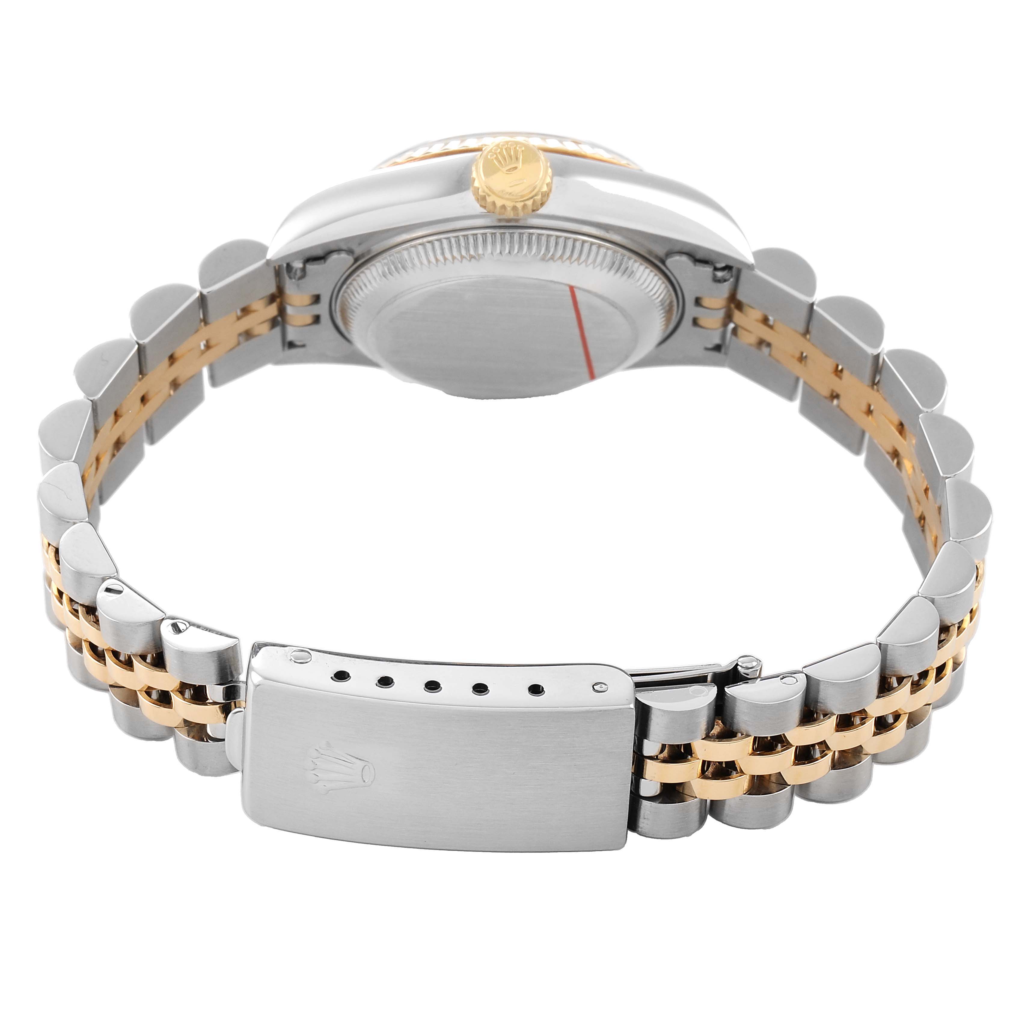 The Rolex Datejust 69173 Women's Steel and Gold (two tone) Black Dial watch is shown from the back, highlighting the bracelet, clasp, case back, and crown.