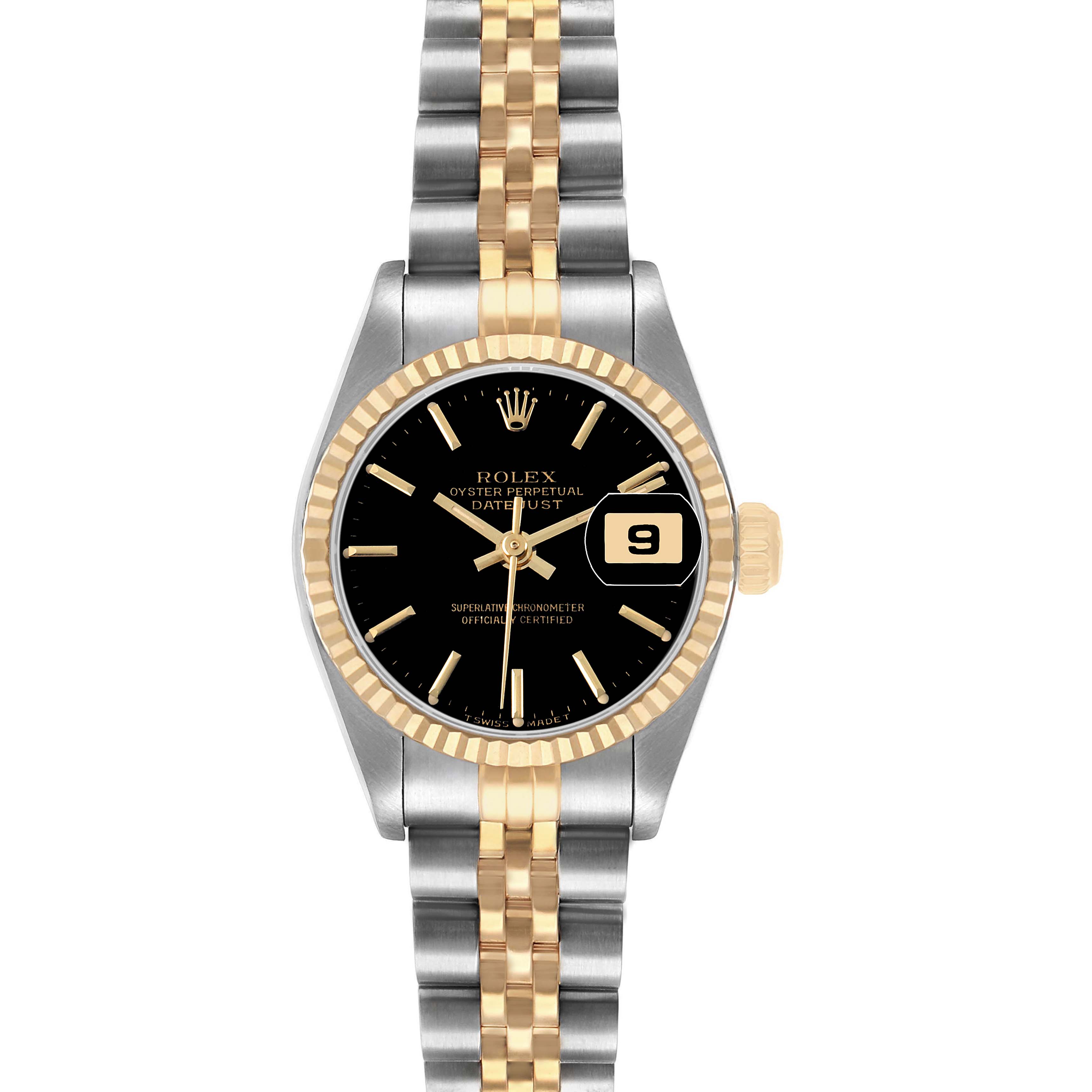 The Rolex Datejust 69173 Women's Steel and Gold (two tone) Black Dial watch is shown from a front view, displaying its two-tone bracelet, black dial, and date window.