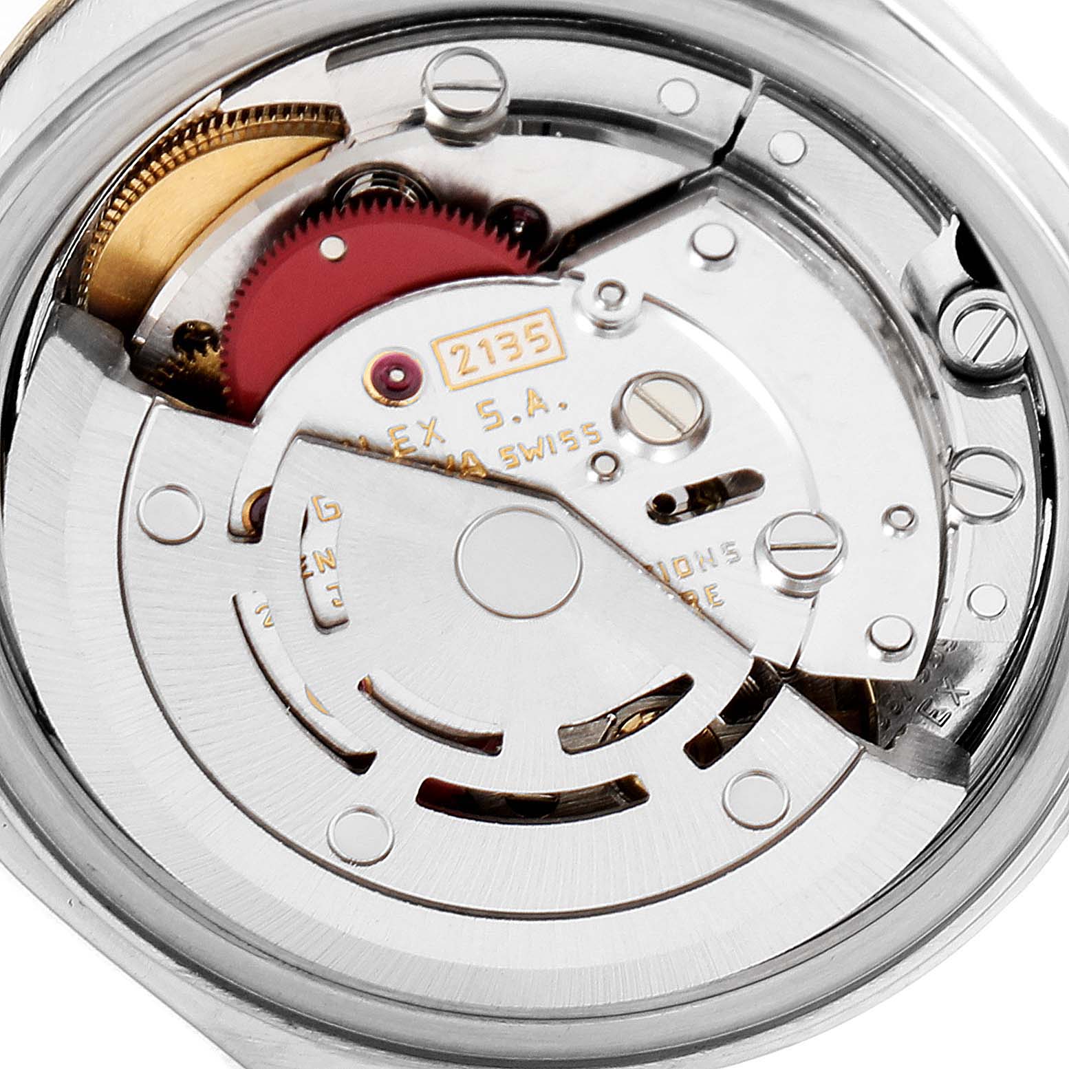 This image shows the movement (mechanism) of a Rolex Datejust 69173 Women's Steel and Gold (two tone) Black Dial 69173 Women's Steel and Gold (two tone) Black Dial watch viewed from the back, highlighting gears and rotors.