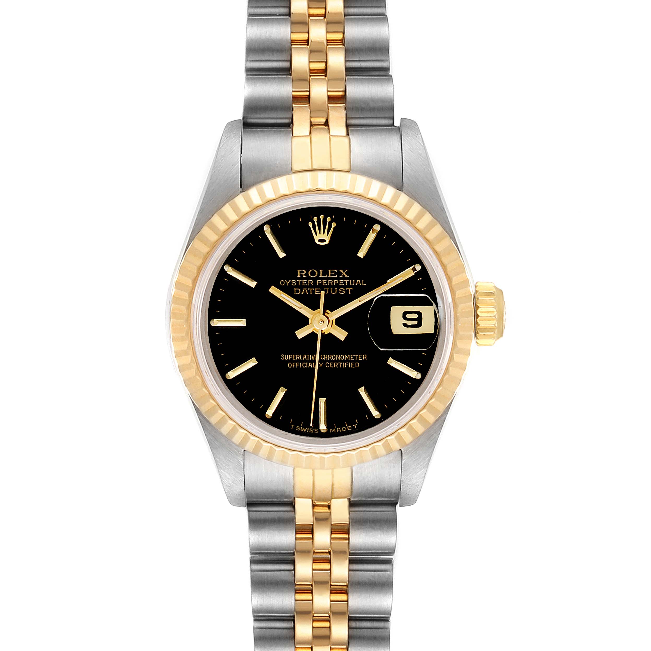 The image shows a front view of a Rolex Datejust 69173 Women's Steel and Gold (two tone) Black Dial 69173 Women's Steel and Gold (two tone) Black Dial watch, featuring a two-tone bracelet, black dial, and date window at 3 o'clock.