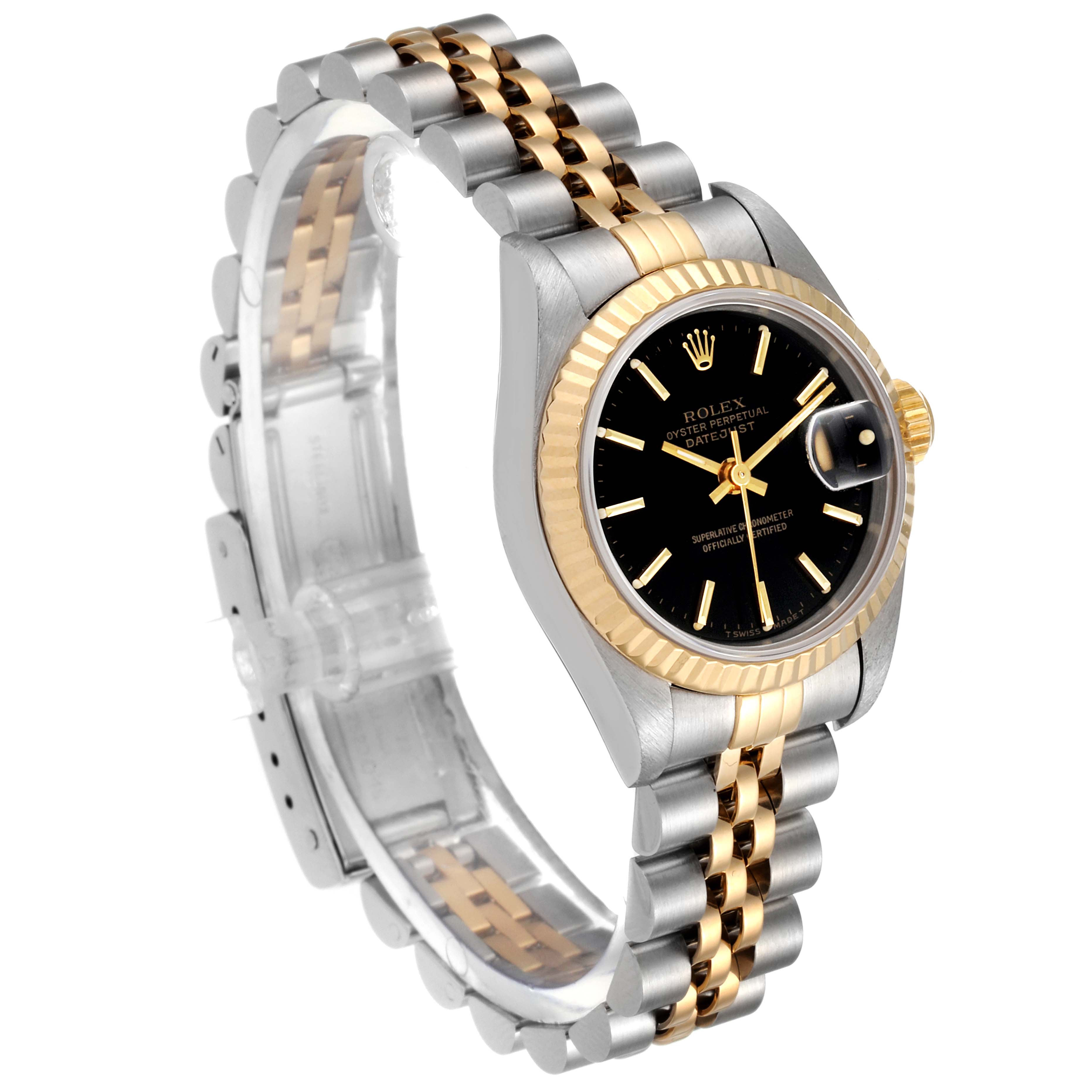The Rolex Datejust 69173 Women's Steel and Gold (two tone) Black Dial 69173 Women's Steel and Gold (two tone) Black Dial watch is shown at a three-quarter angle, highlighting the dial, bezel, and two-tone bracelet.