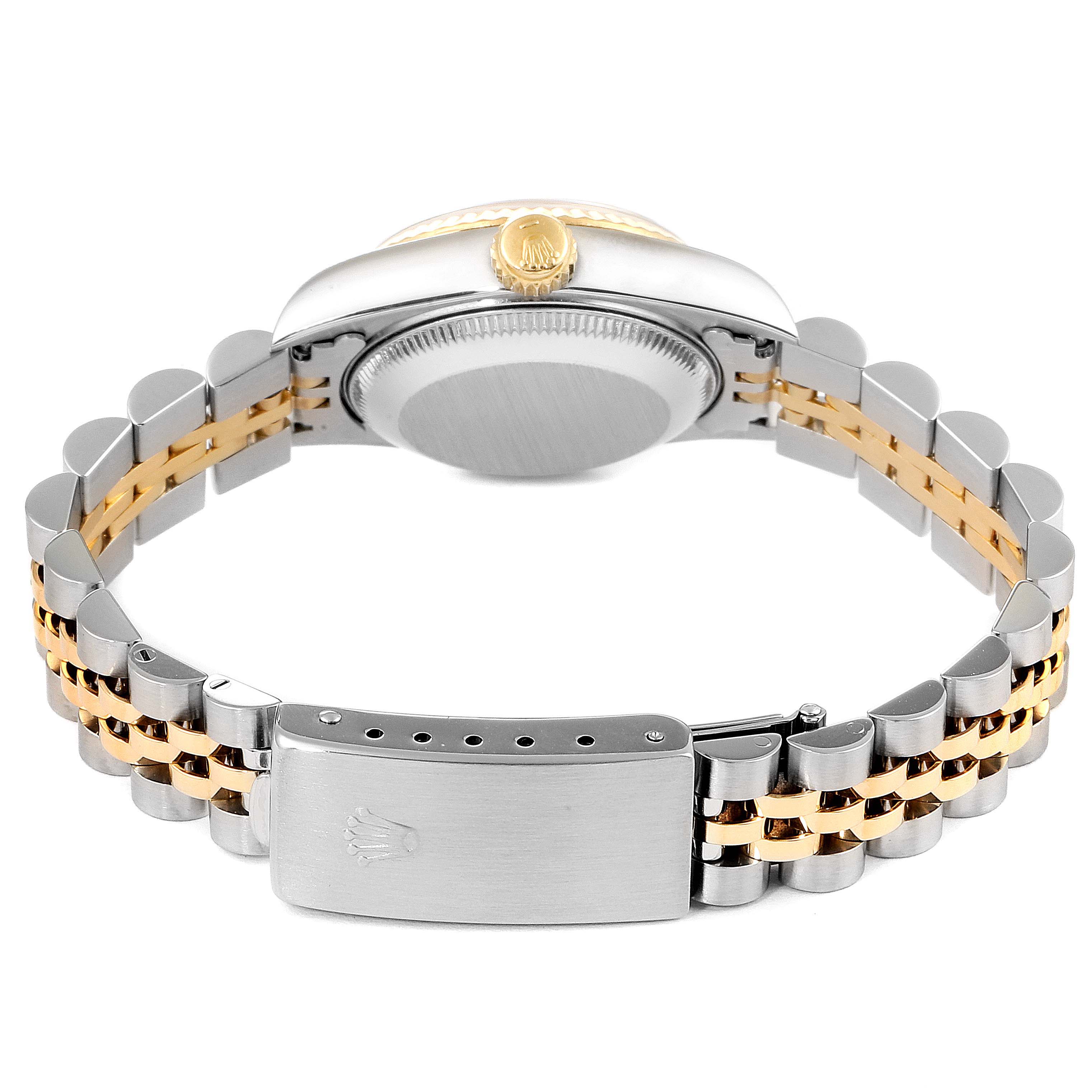 The image shows the back and clasp of a Rolex Datejust 69173 Women's Steel and Gold (two tone) Black Dial 69173 Women's Steel and Gold (two tone) Black Dial watch, highlighting its two-tone bracelet.