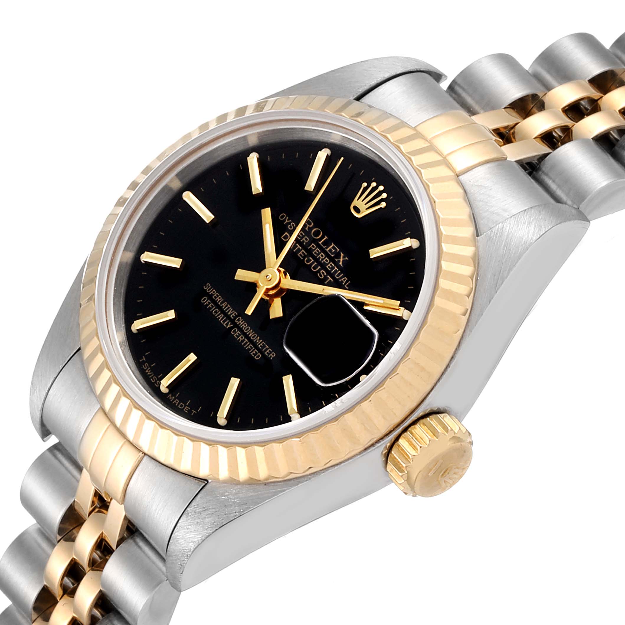 This image shows a Rolex Datejust 69173 Women's Steel and Gold (two tone) Black Dial 69173 Women's Steel and Gold (two tone) Black Dial watch at an angled view, highlighting the bezel, dial, crown, and bracelet.