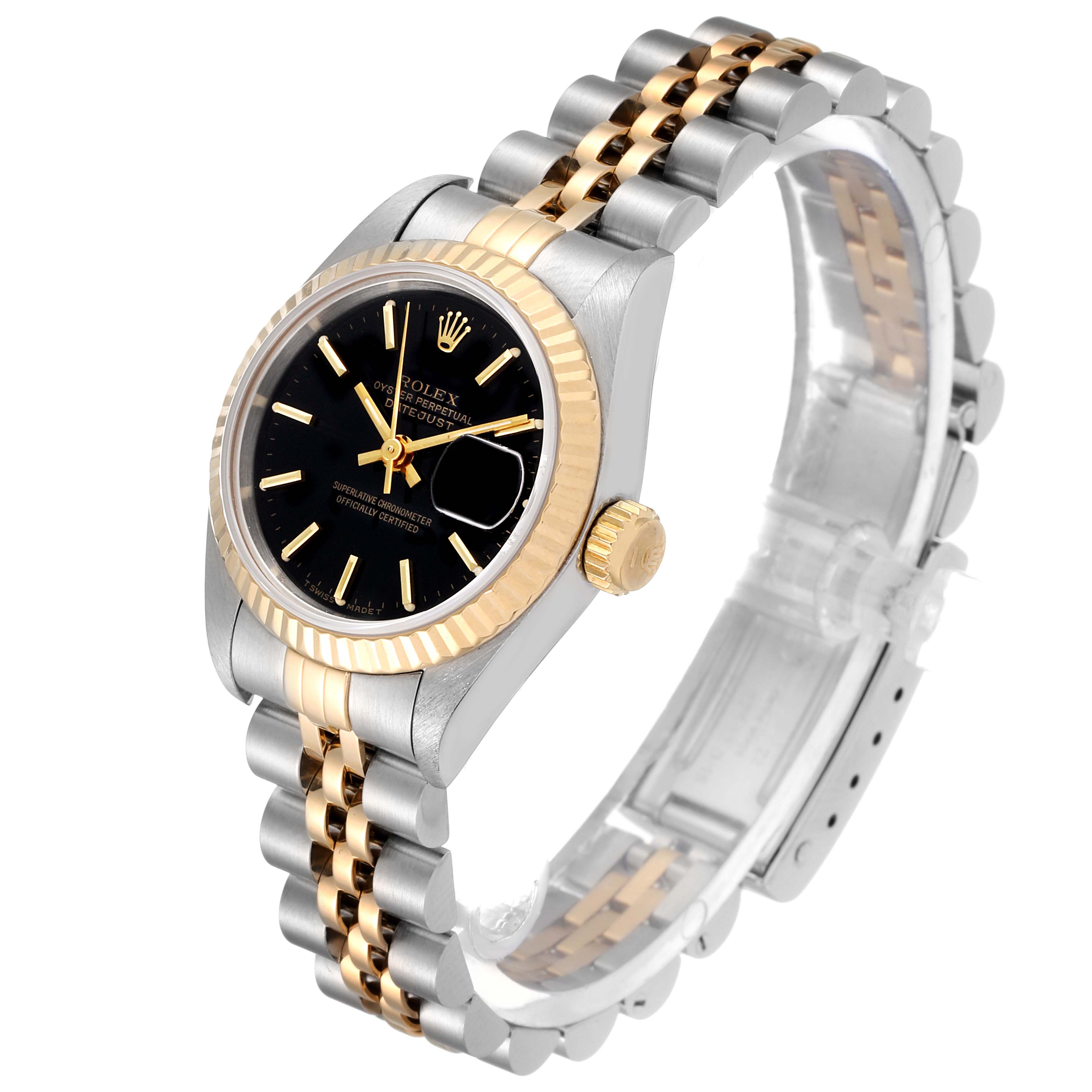 The Rolex Datejust 69173 Women's Steel and Gold (two tone) Black Dial 69173 Women's Steel and Gold (two tone) Black Dial watch is shown at a front angle, displaying its black dial, gold bezel, and two-tone bracelet.