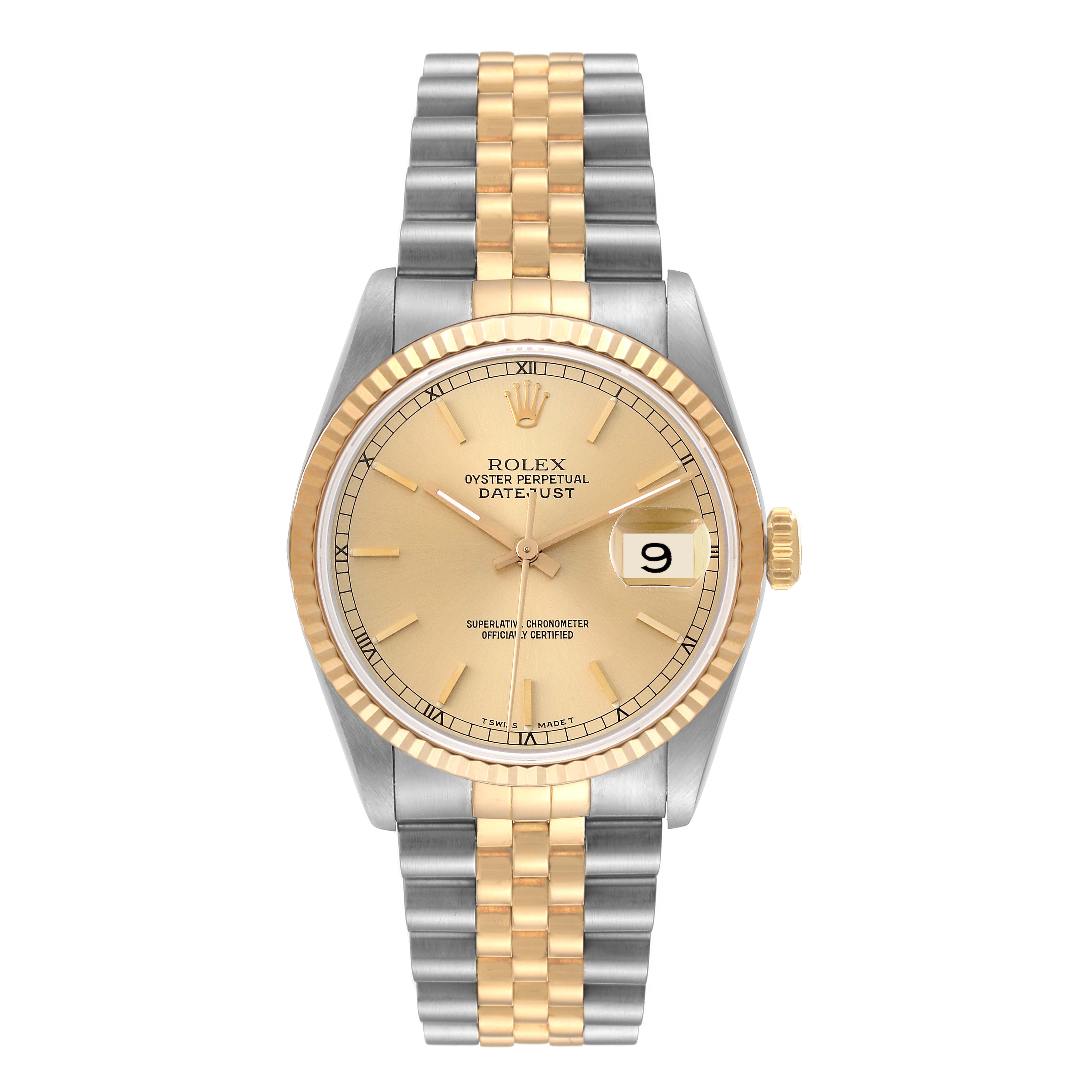 The Rolex Datejust 16233 Men's Steel and Gold (two tone) Champagne Dial 16233 Men's Steel and Gold (two tone) Champagne Dial watch is shown from the front, displaying the dial, bezel, and two-tone bracelet.