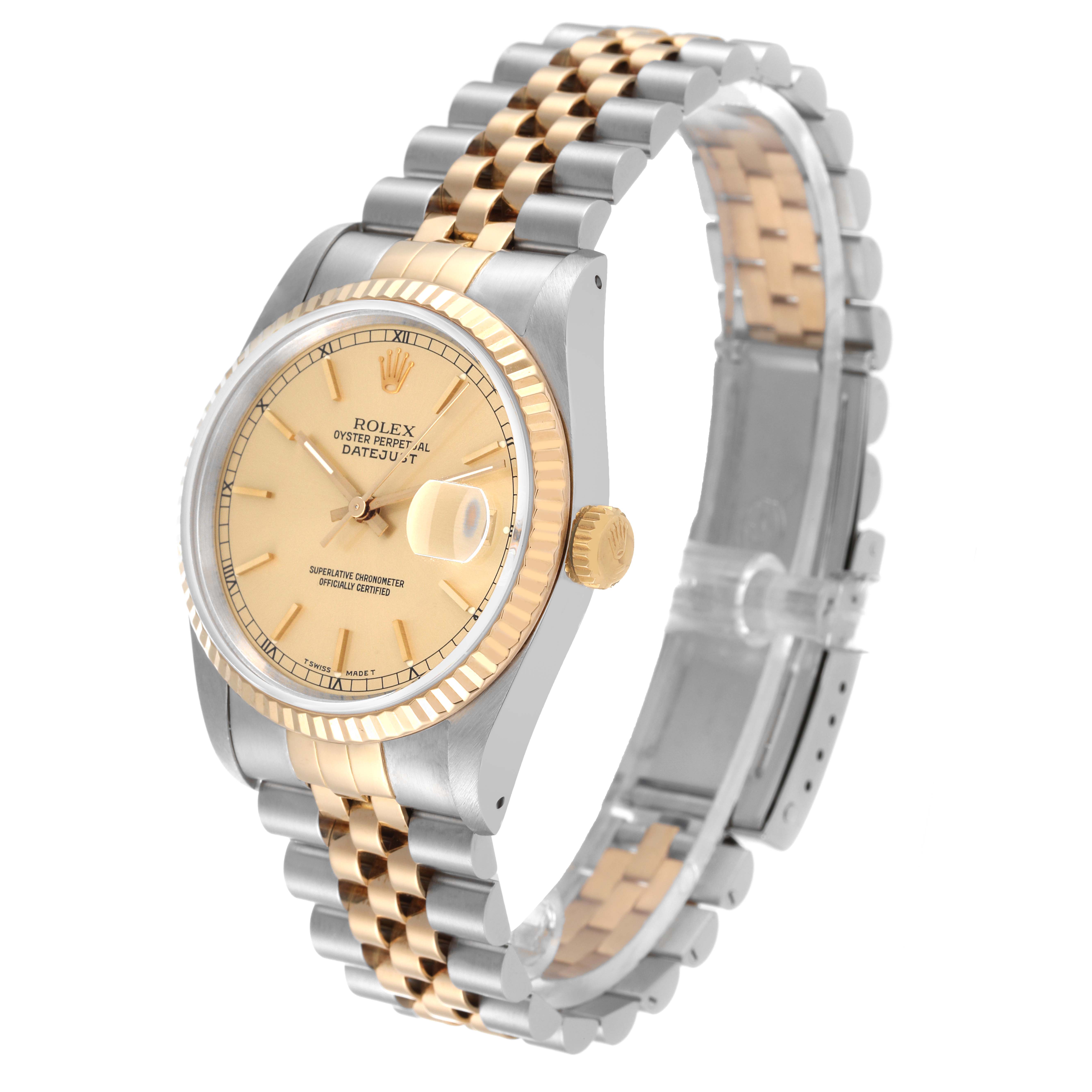 The Rolex Datejust 16233 Men's Steel and Gold (two tone) Champagne Dial 16233 Men's Steel and Gold (two tone) Champagne Dial watch is shown at a three-quarter angle, focusing on the dial, bezel, crown, and bracelet.