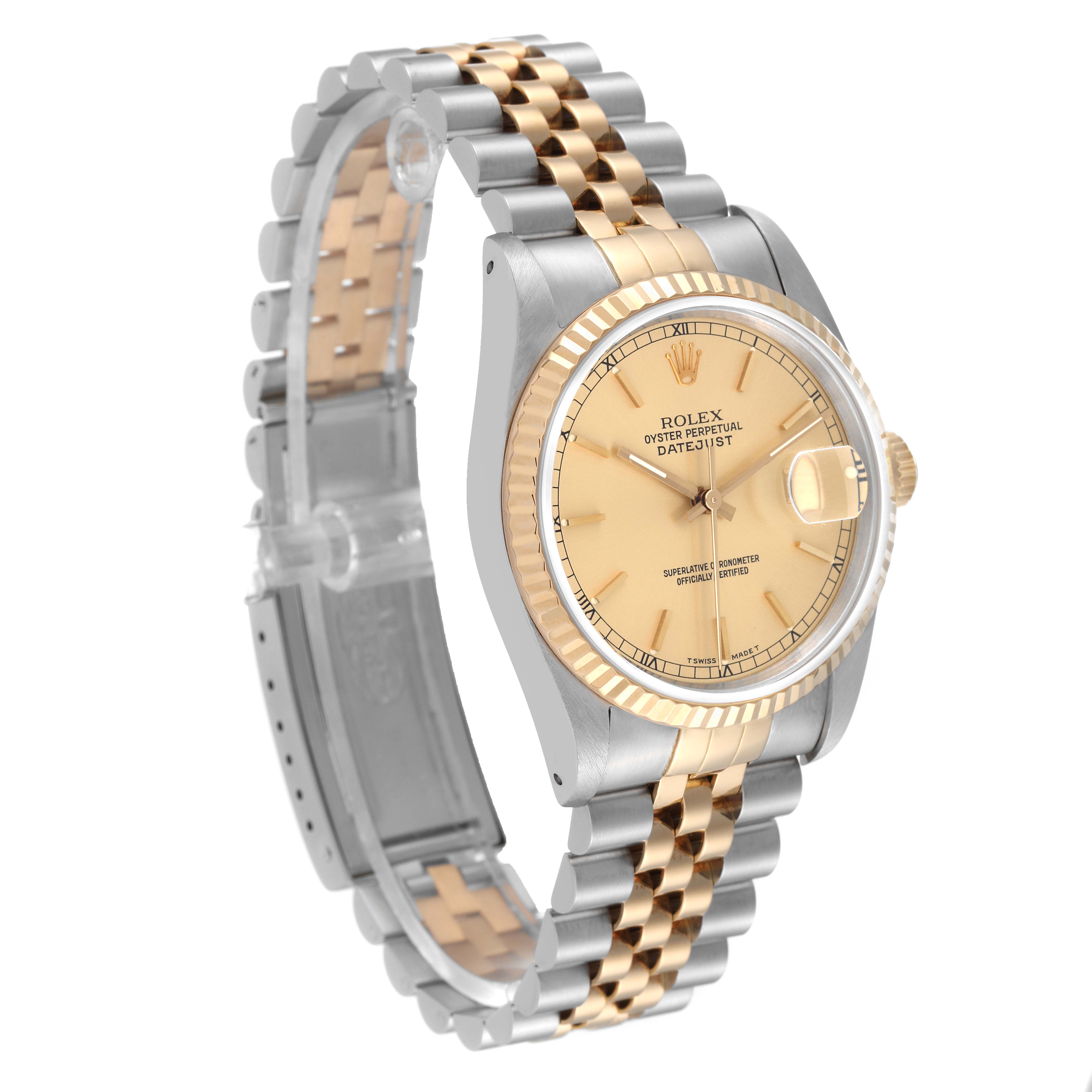 This image shows a Rolex Datejust 16233 Men's Steel and Gold (two tone) Champagne Dial 16233 Men's Steel and Gold (two tone) Champagne Dial watch angled to display its face, bezel, and the two-tone metal bracelet.