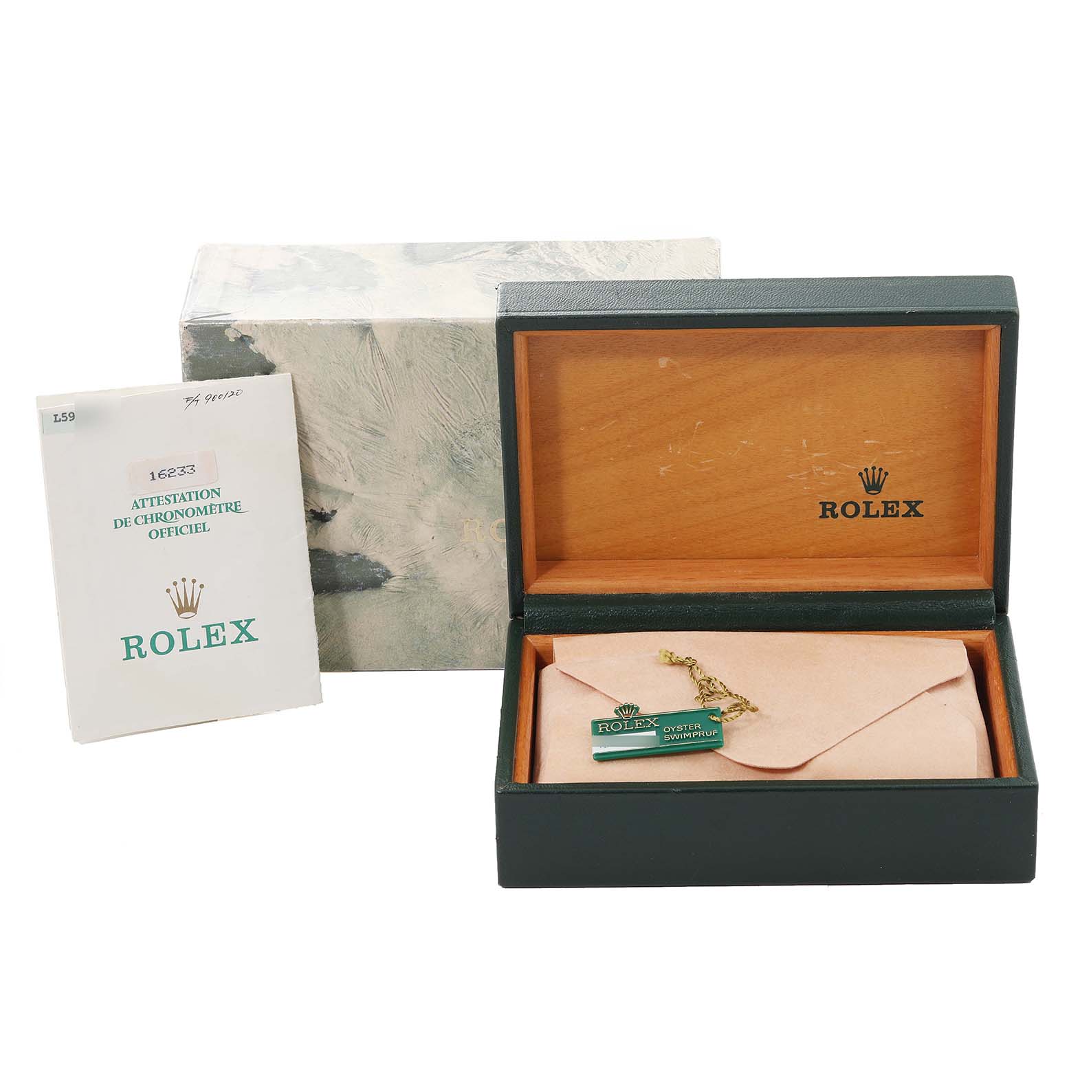 The image shows a Rolex Datejust 16233 Men's Steel and Gold (two tone) Champagne Dial 16233 Men's Steel and Gold (two tone) Champagne Dial watch box, an outer cardboard box, certification papers, and a green tag.