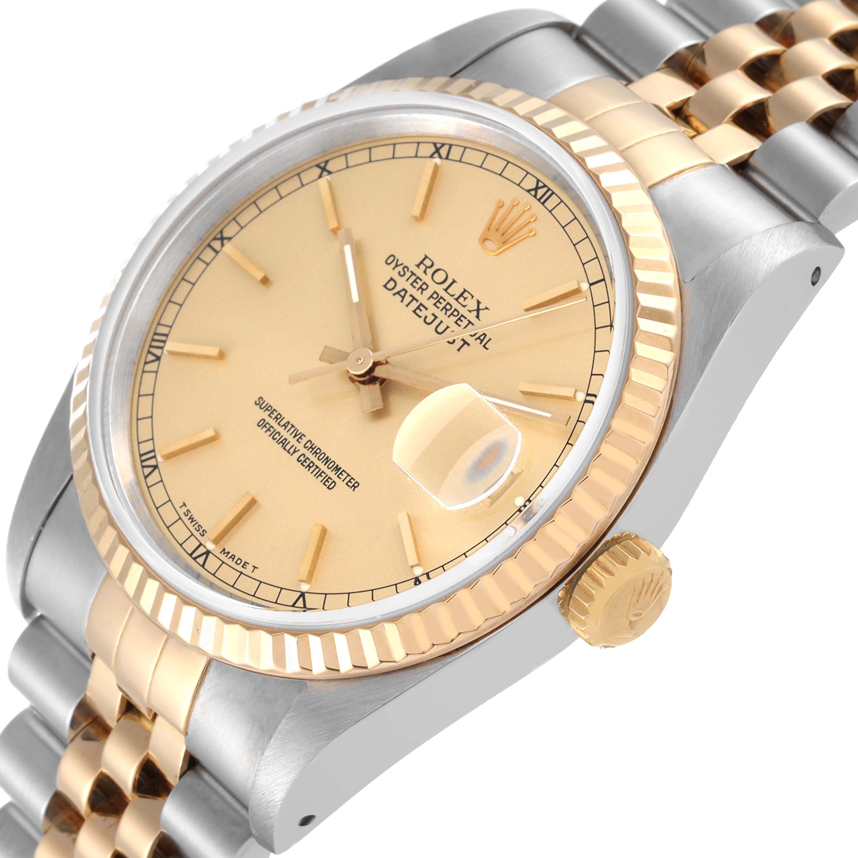The image shows a close-up angled view of the Rolex Datejust 16233 Men's Steel and Gold (two tone) Champagne Dial 16233 Men's Steel and Gold (two tone) Champagne Dial watch, highlighting the dial, bezel, crown, and part of the bracelet.