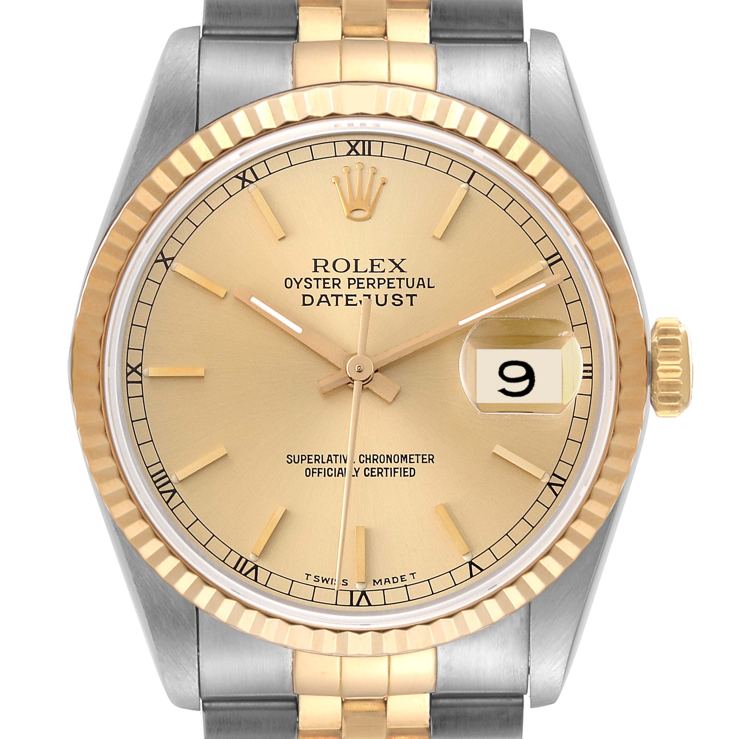 This is a frontal view of the Rolex Datejust 16233 Men's Steel and Gold (two tone) Champagne Dial 16233 Men's Steel and Gold (two tone) Champagne Dial watch, showing the dial, hands, bezel, crown, and part of the bracelet.