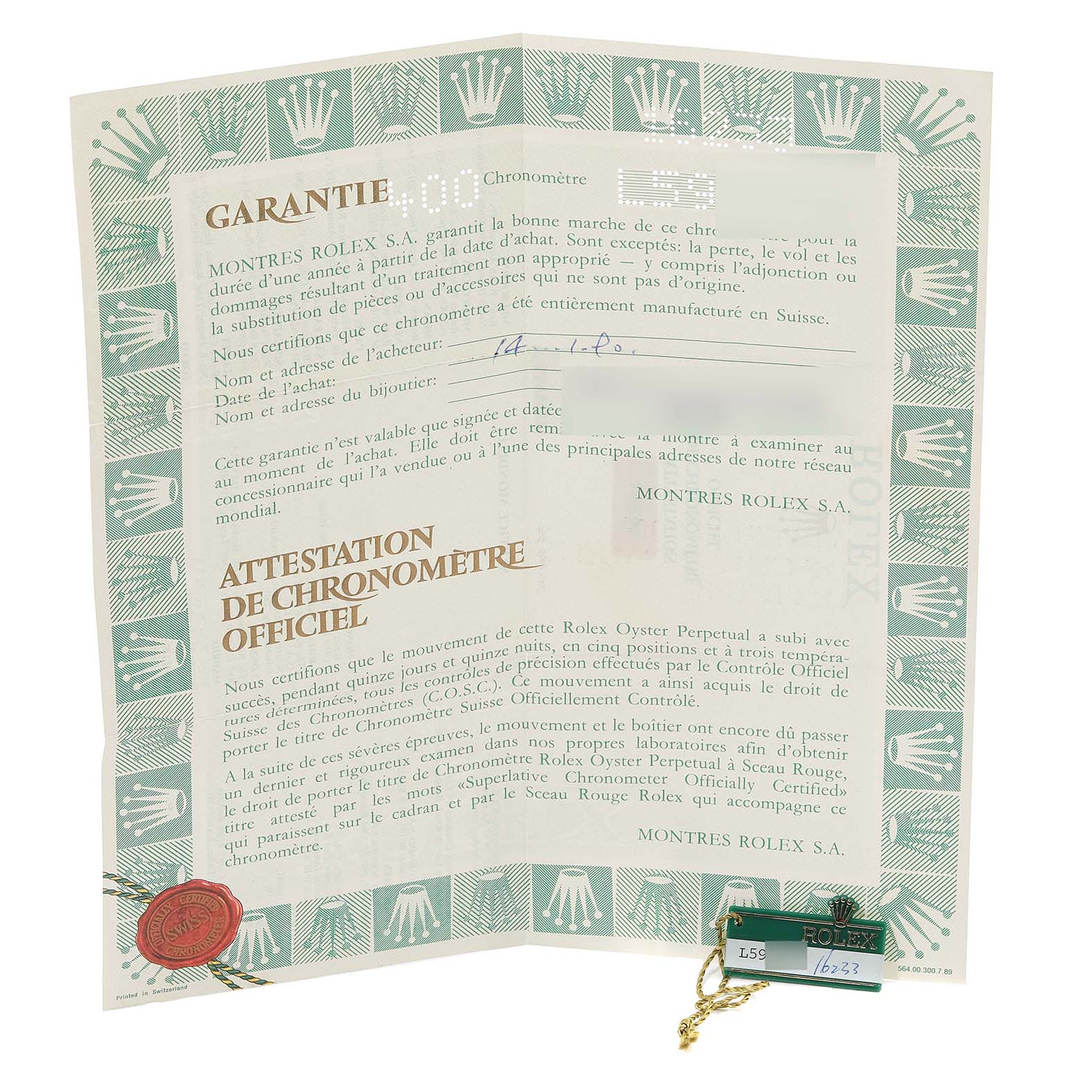 This image shows a paper certificate for a Rolex Datejust 16233 Men's Steel and Gold (two tone) Champagne Dial 16233 Men's Steel and Gold (two tone) Champagne Dial watch, including warranty and chronometer certification.