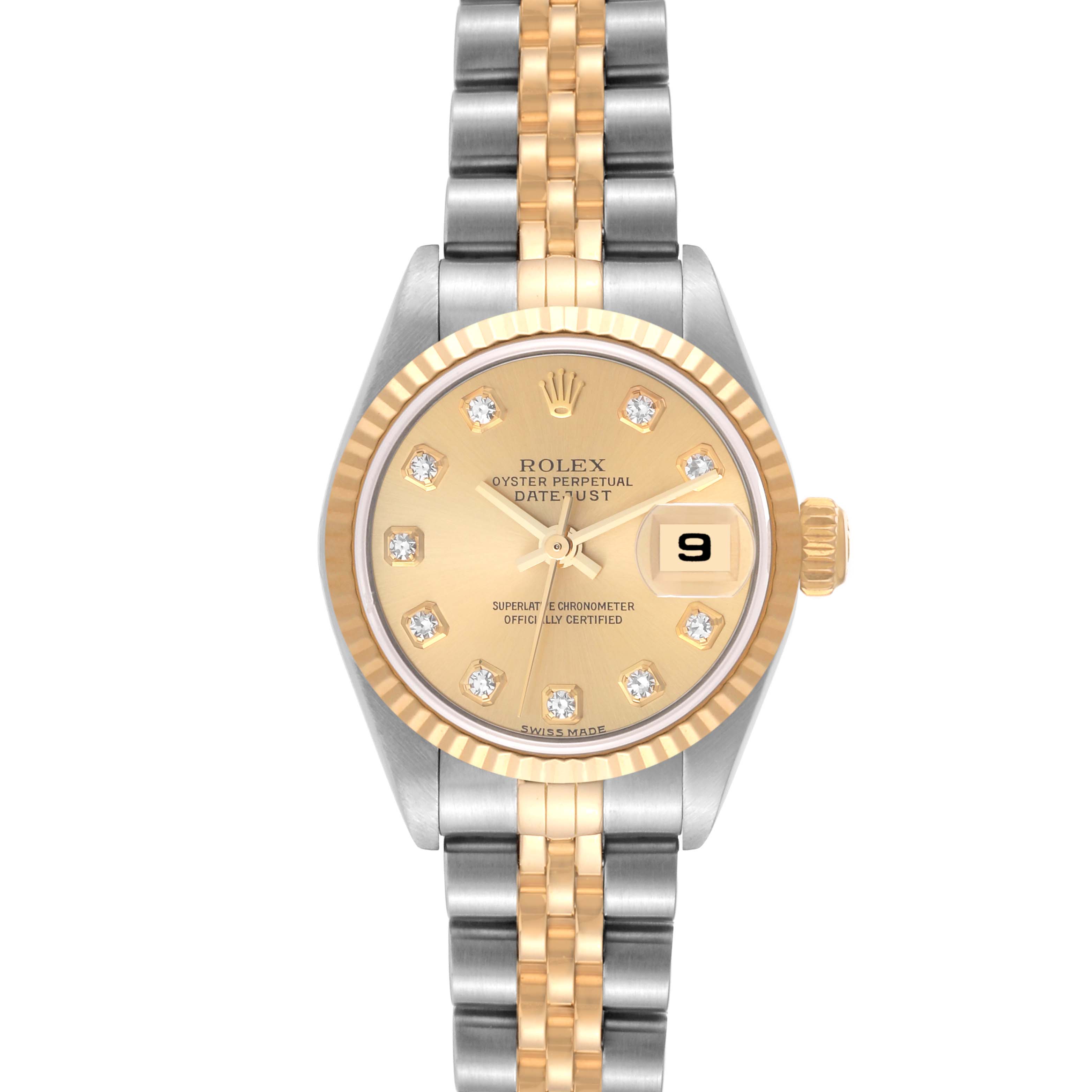 The Rolex Datejust 79173G Women's Steel and Gold (two tone) Champagne Dial 79173G Women's Steel and Gold (two tone) Champagne Dial watch is shown from a top-down angle, highlighting the face, bezel, and the two-tone bracelet.