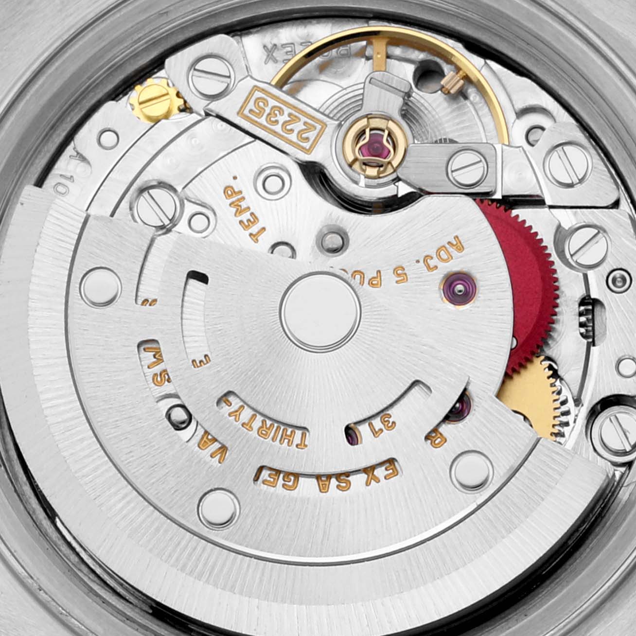The image shows a close-up of the movement mechanism inside a Rolex Datejust 79173G Women's Steel and Gold (two tone) Champagne Dial 79173G Women's Steel and Gold (two tone) Champagne Dial watch from a top-down angle.