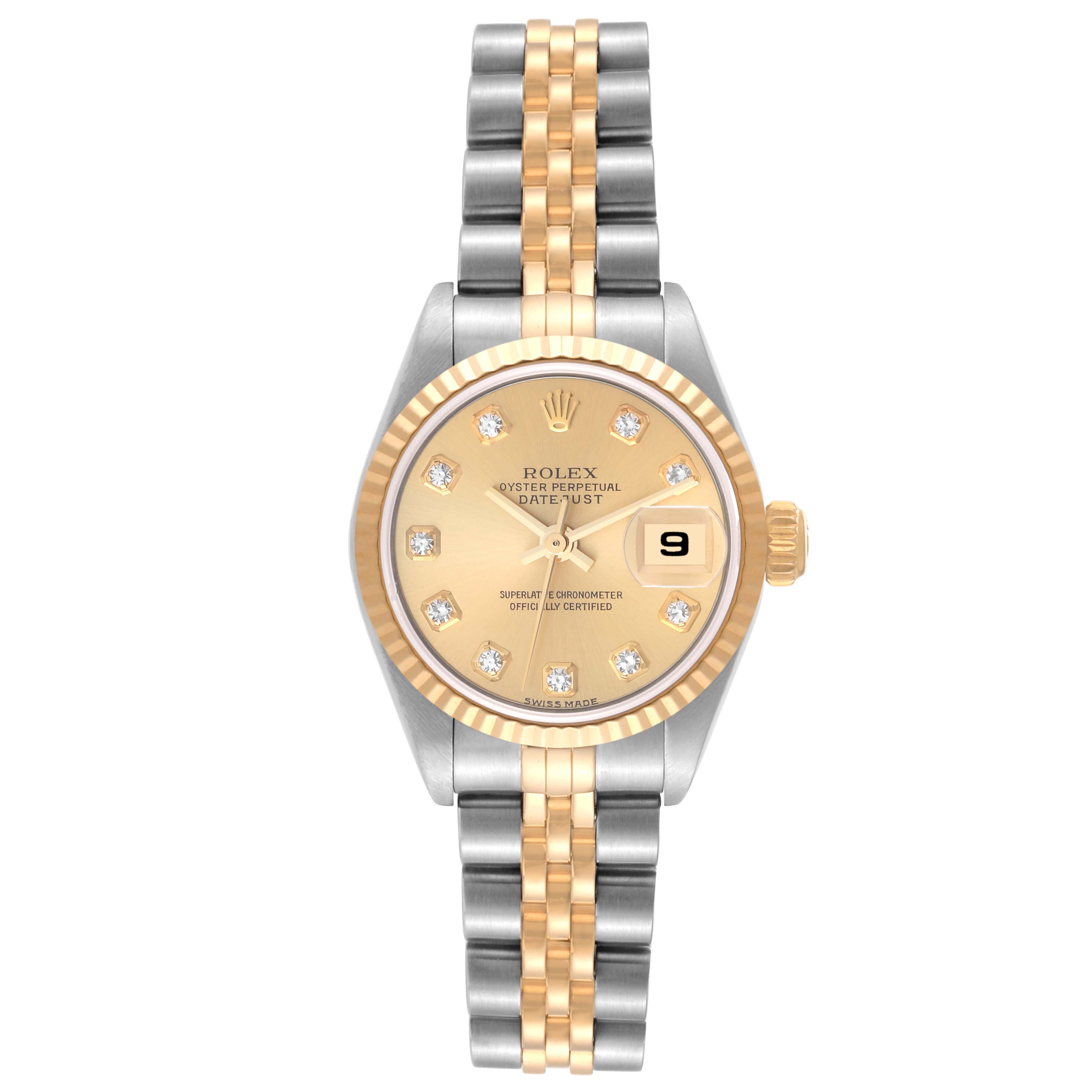 This image shows a front view of the Rolex Datejust 79173G Women's Steel and Gold (two tone) Champagne Dial 79173G Women's Steel and Gold (two tone) Champagne Dial watch with a two-tone bracelet and a champagne dial.