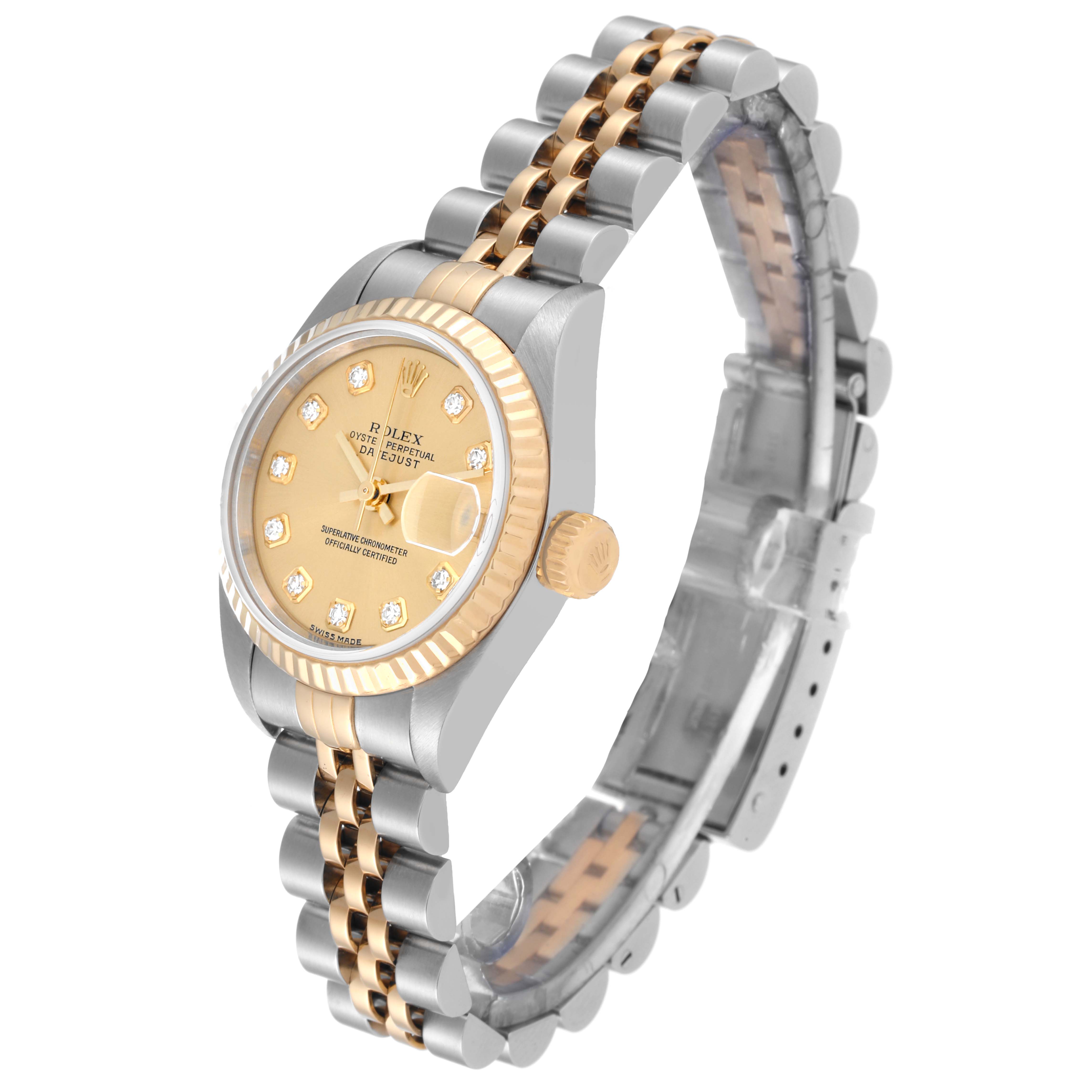 The Rolex Datejust 79173G Women's Steel and Gold (two tone) Champagne Dial 79173G Women's Steel and Gold (two tone) Champagne Dial watch is shown at an angled side view, highlighting its dial, bezel, crown, and Jubilee bracelet.
